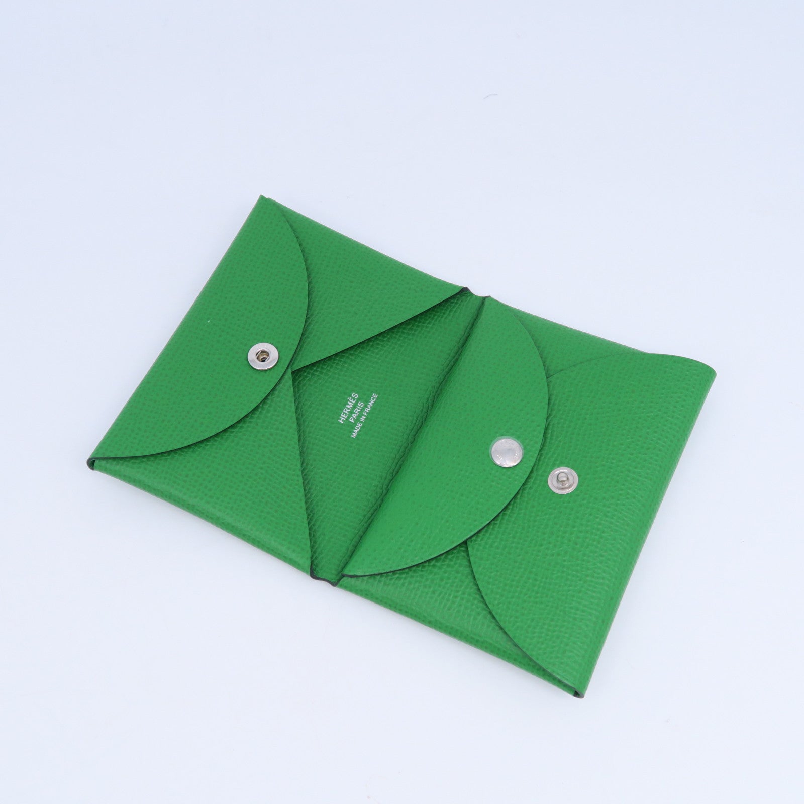 HERMES Epsom皮革Calvi Duo銀扣卡片套竹子綠色