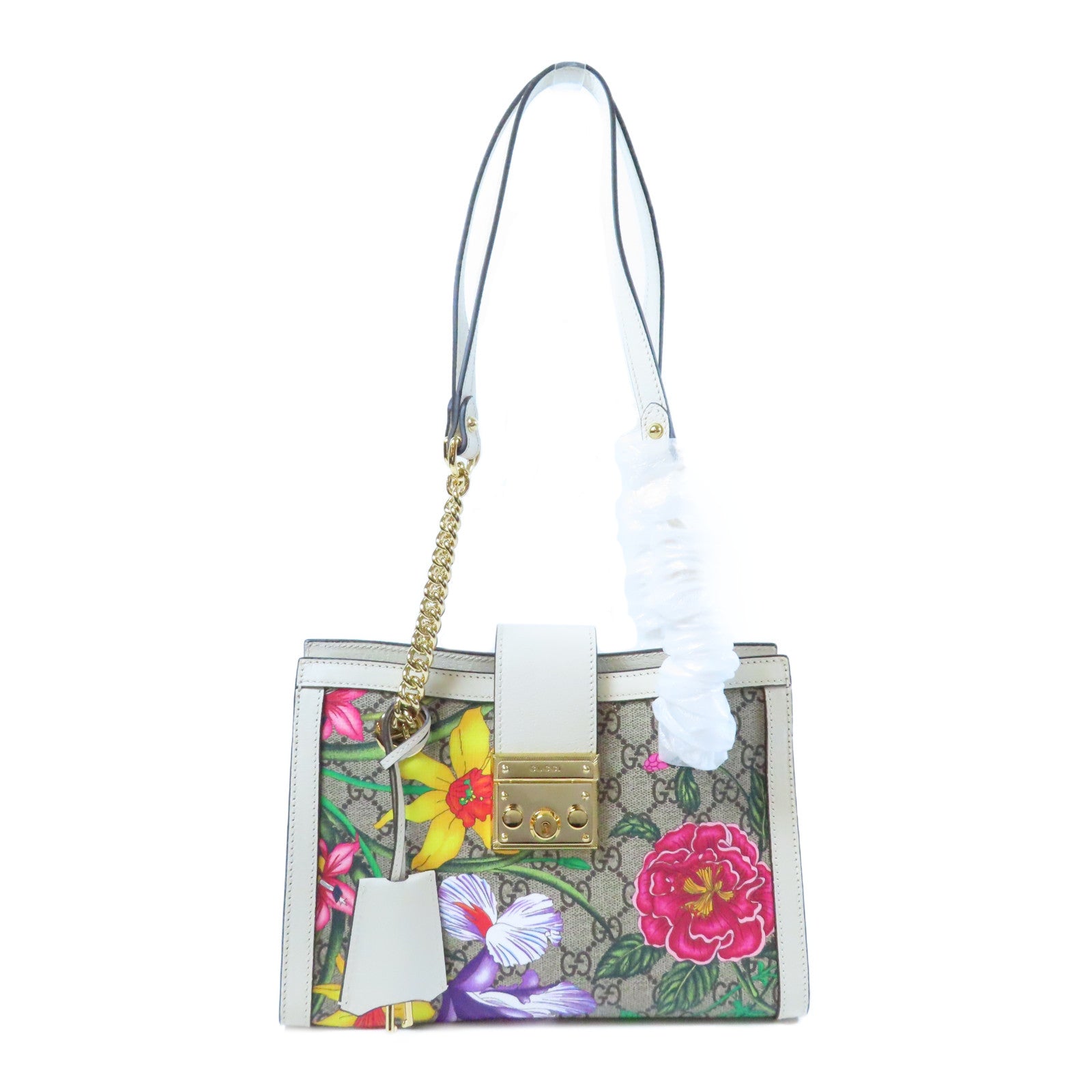 GUCCI 塗層帆布/皮革Padlock Shoulder Bag金扣鏈帶肩背袋啡色/白色