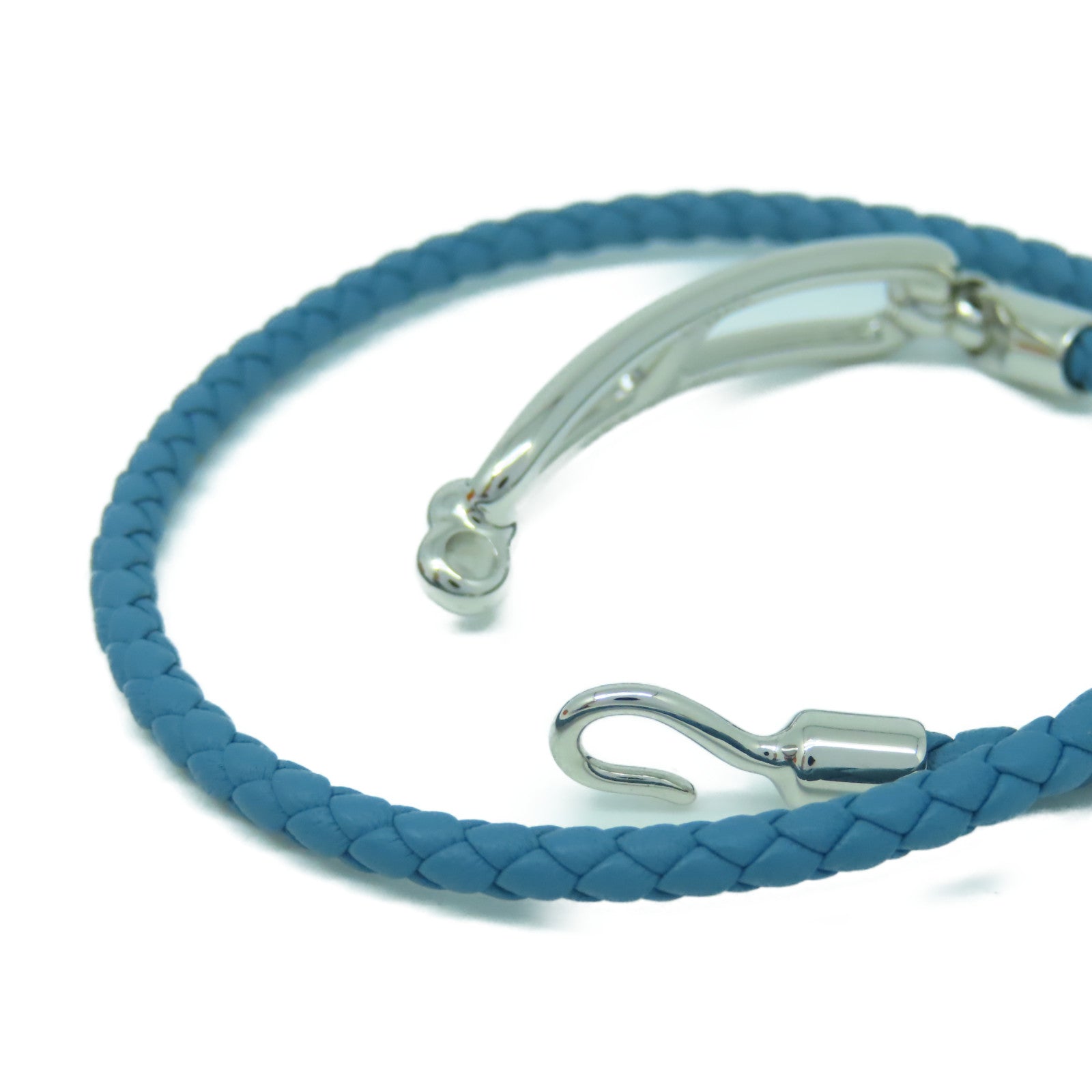HERMES Veau Swift皮革/金屬Roulis Double Tour手鐲藍色/銀色#15cm