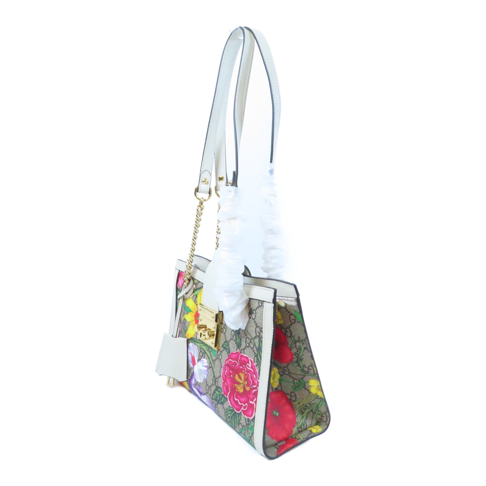 GUCCI 塗層帆布/皮革Padlock Shoulder Bag金扣鏈帶肩背袋啡色/白色