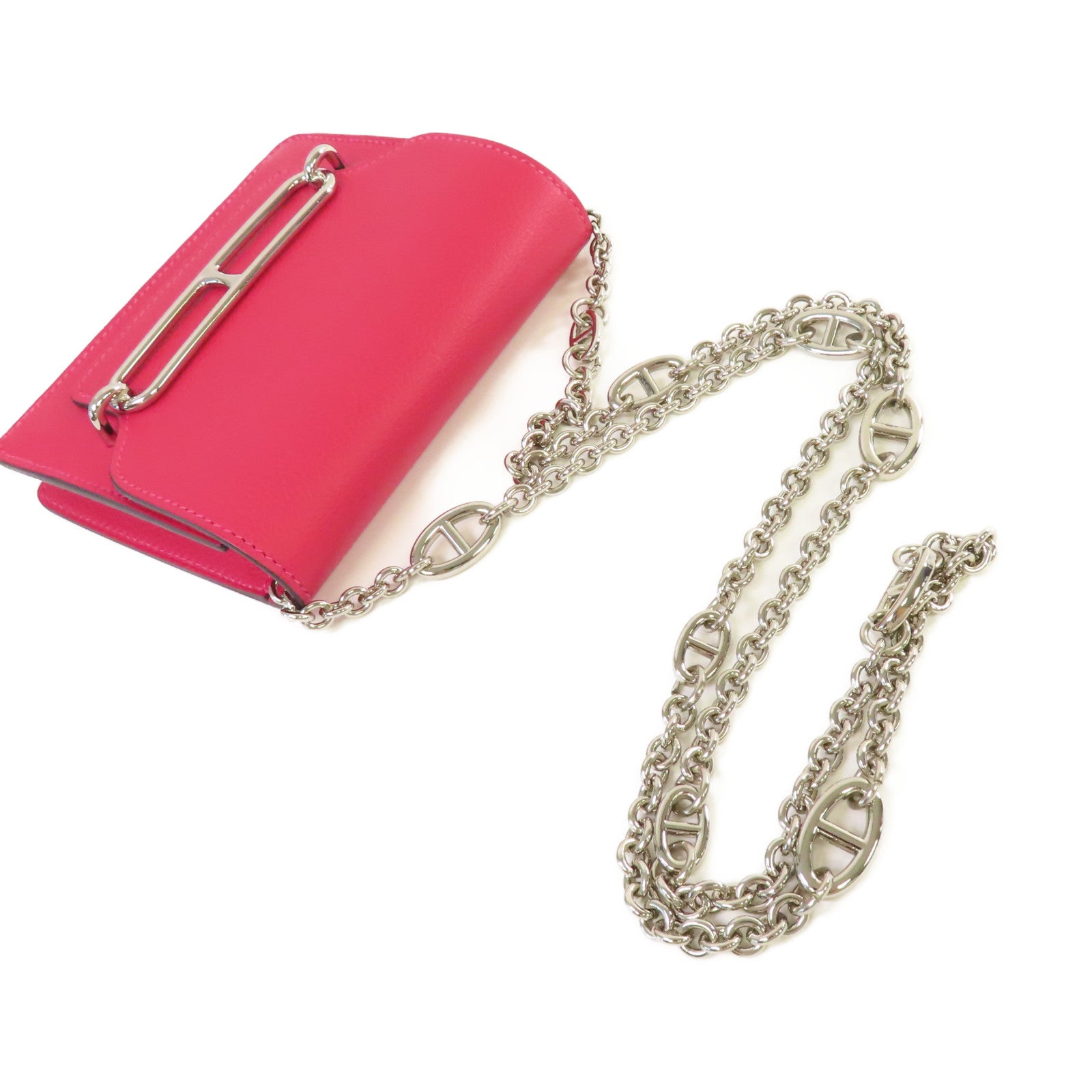 HERMES Evercolor皮革Roulis Slim Wallet銀扣鏈帶肩背袋Framboise覆盆子紅色