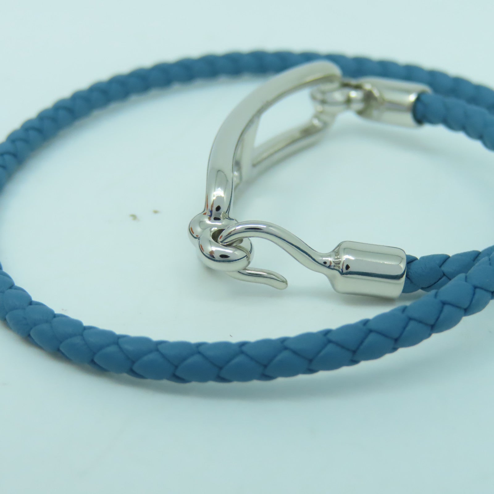 HERMES Veau Swift皮革/金屬Roulis Double Tour手鐲藍色/銀色#15cm