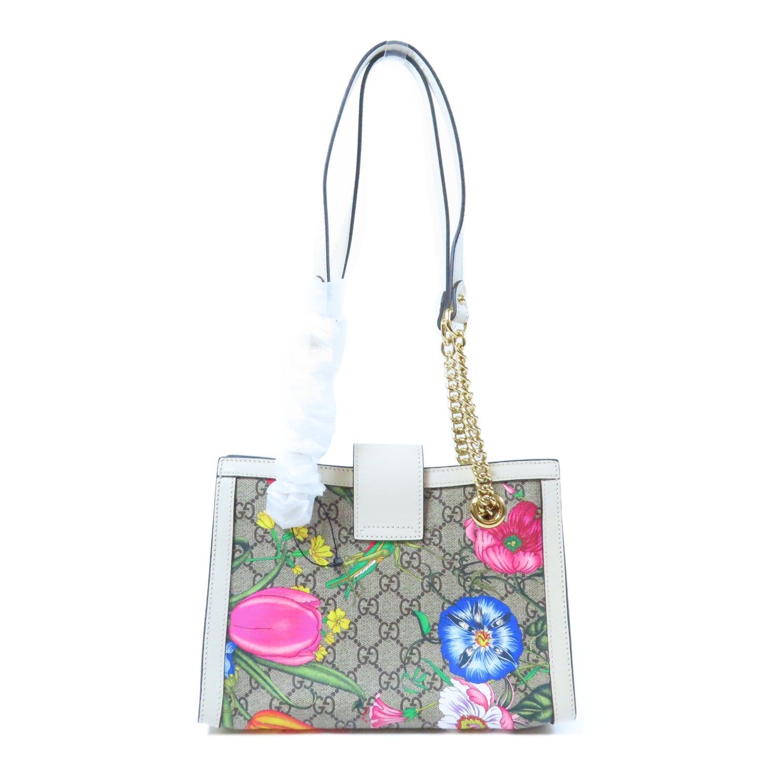 GUCCI 塗層帆布/皮革Padlock Shoulder Bag金扣鏈帶肩背袋啡色/白色