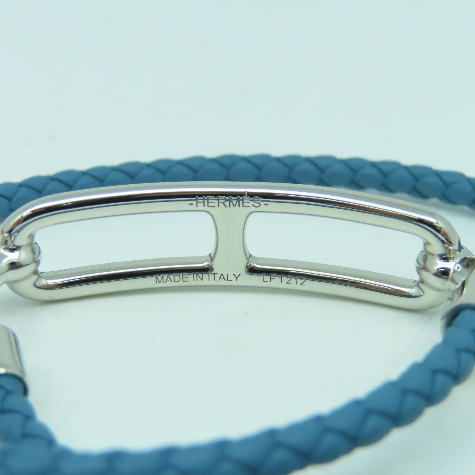 HERMES Veau Swift皮革/金屬Roulis Double Tour手鐲藍色/銀色#15cm