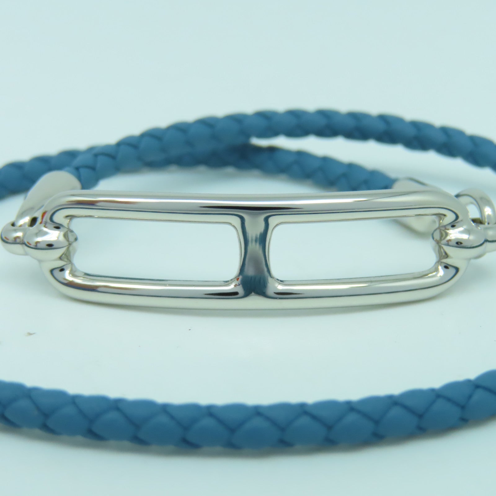 HERMES Veau Swift皮革/金屬Roulis Double Tour手鐲藍色/銀色#15cm