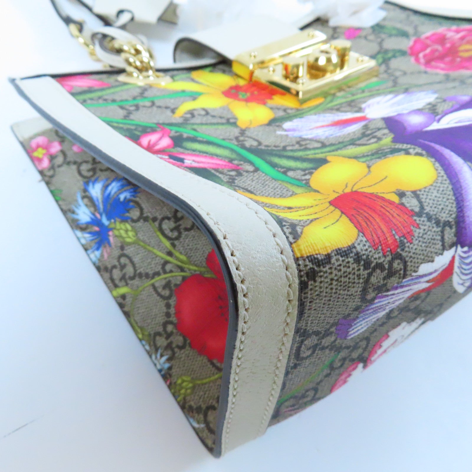 GUCCI 塗層帆布/皮革Padlock Shoulder Bag金扣鏈帶肩背袋啡色/白色