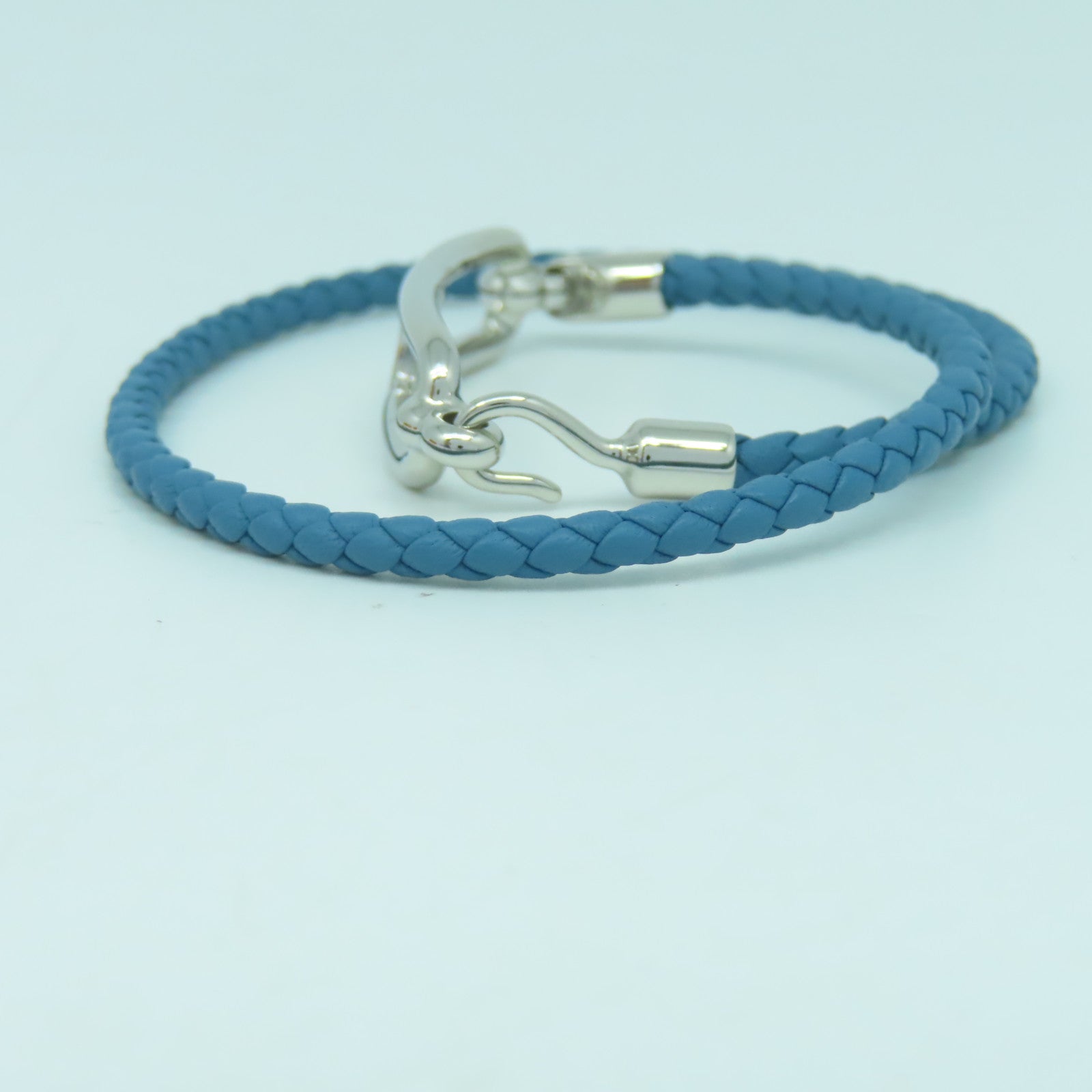 HERMES Veau Swift皮革/金屬Roulis Double Tour手鐲藍色/銀色#15cm