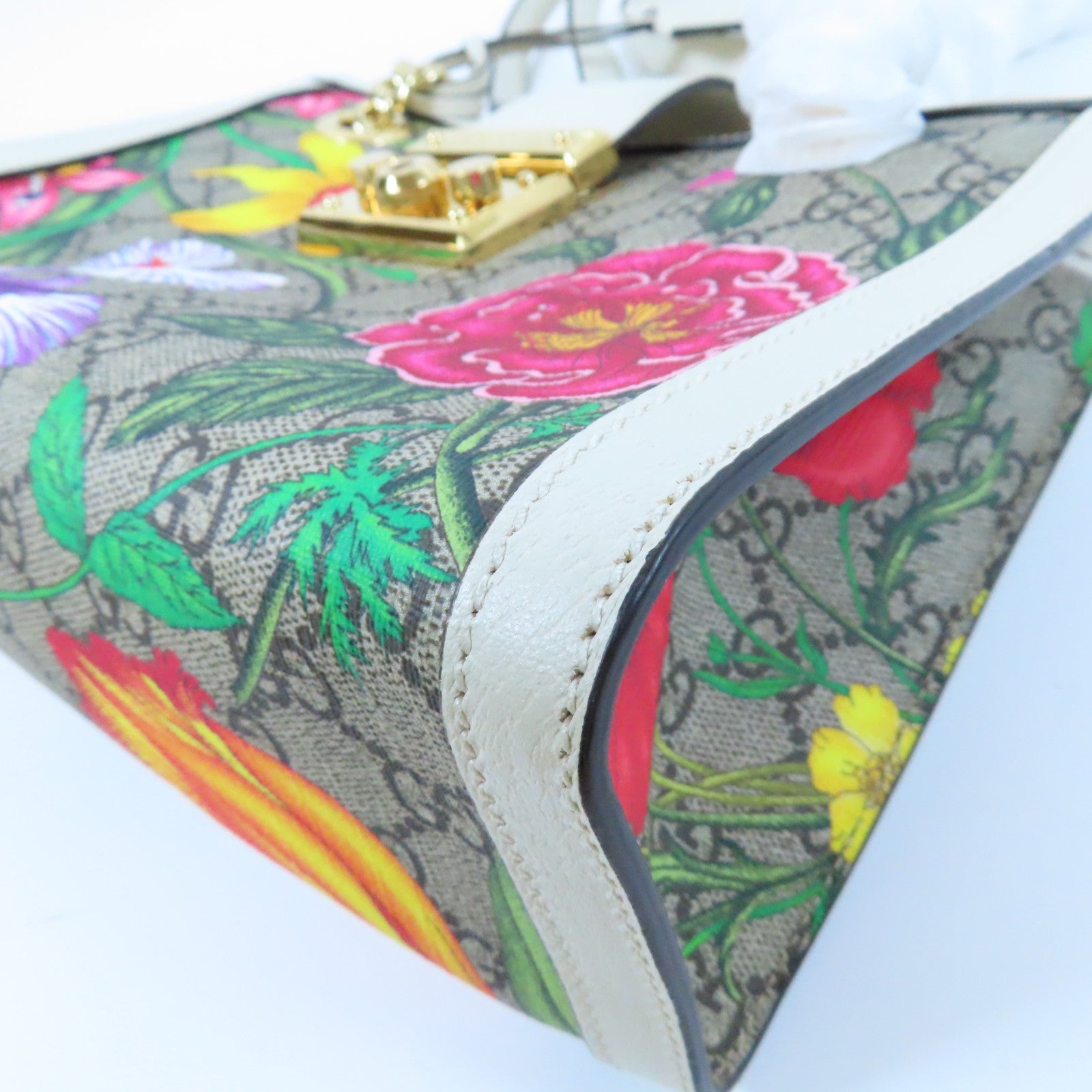 GUCCI 塗層帆布/皮革Padlock Shoulder Bag金扣鏈帶肩背袋啡色/白色