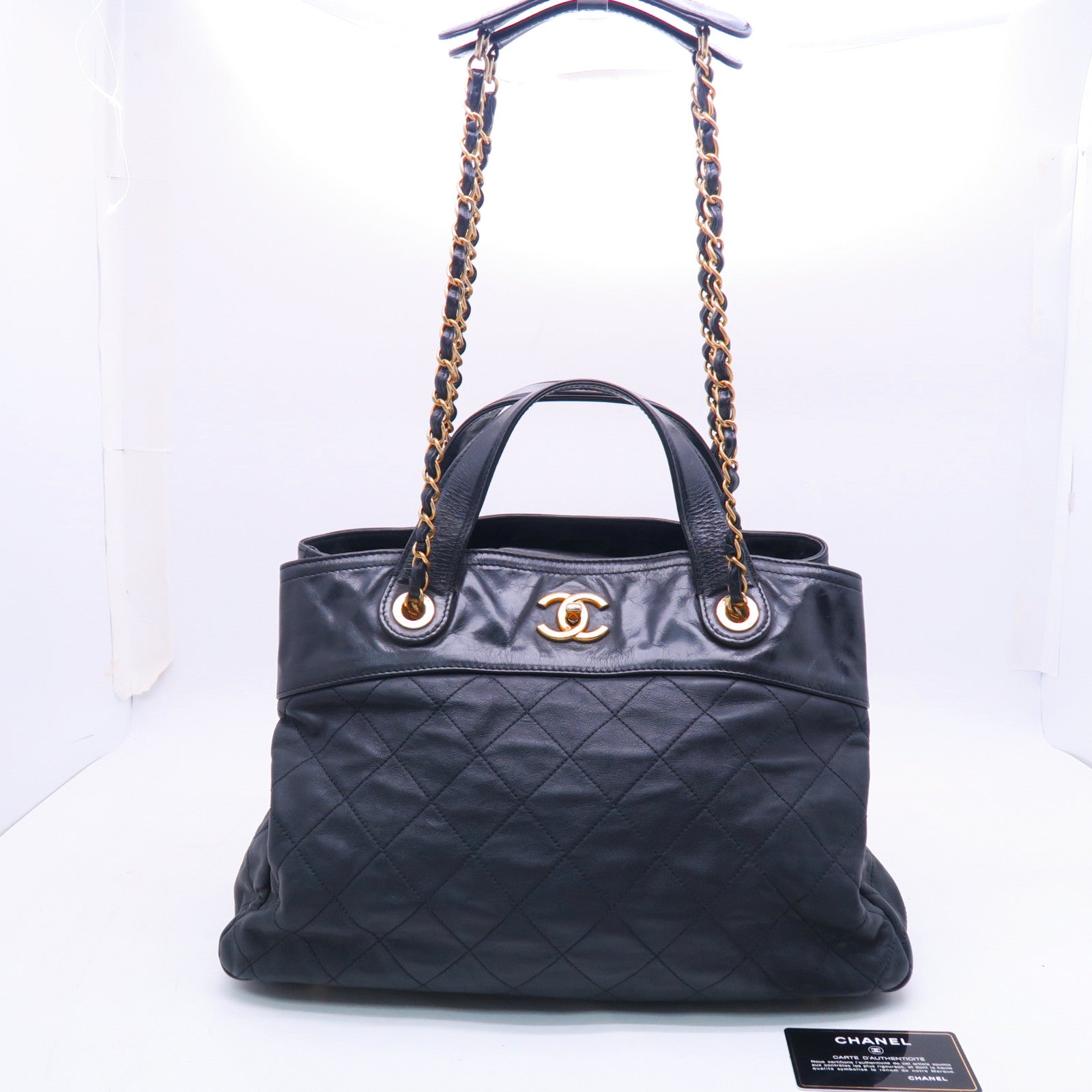 CHANEL 菱格牛皮皮革2way Shoulderbag金扣手挽肩背兩用袋黑色