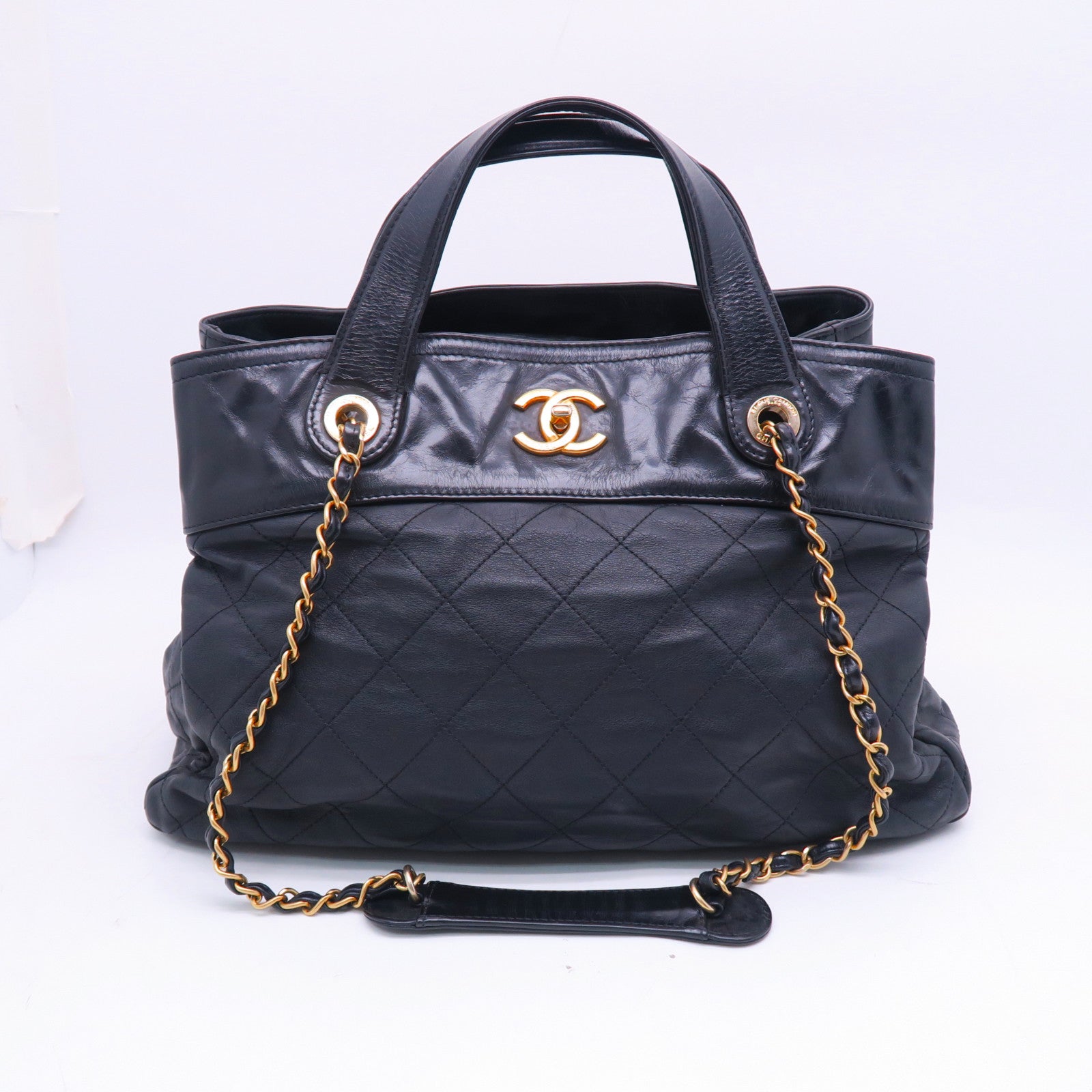CHANEL 菱格牛皮皮革2way Shoulderbag金扣手挽肩背兩用袋黑色