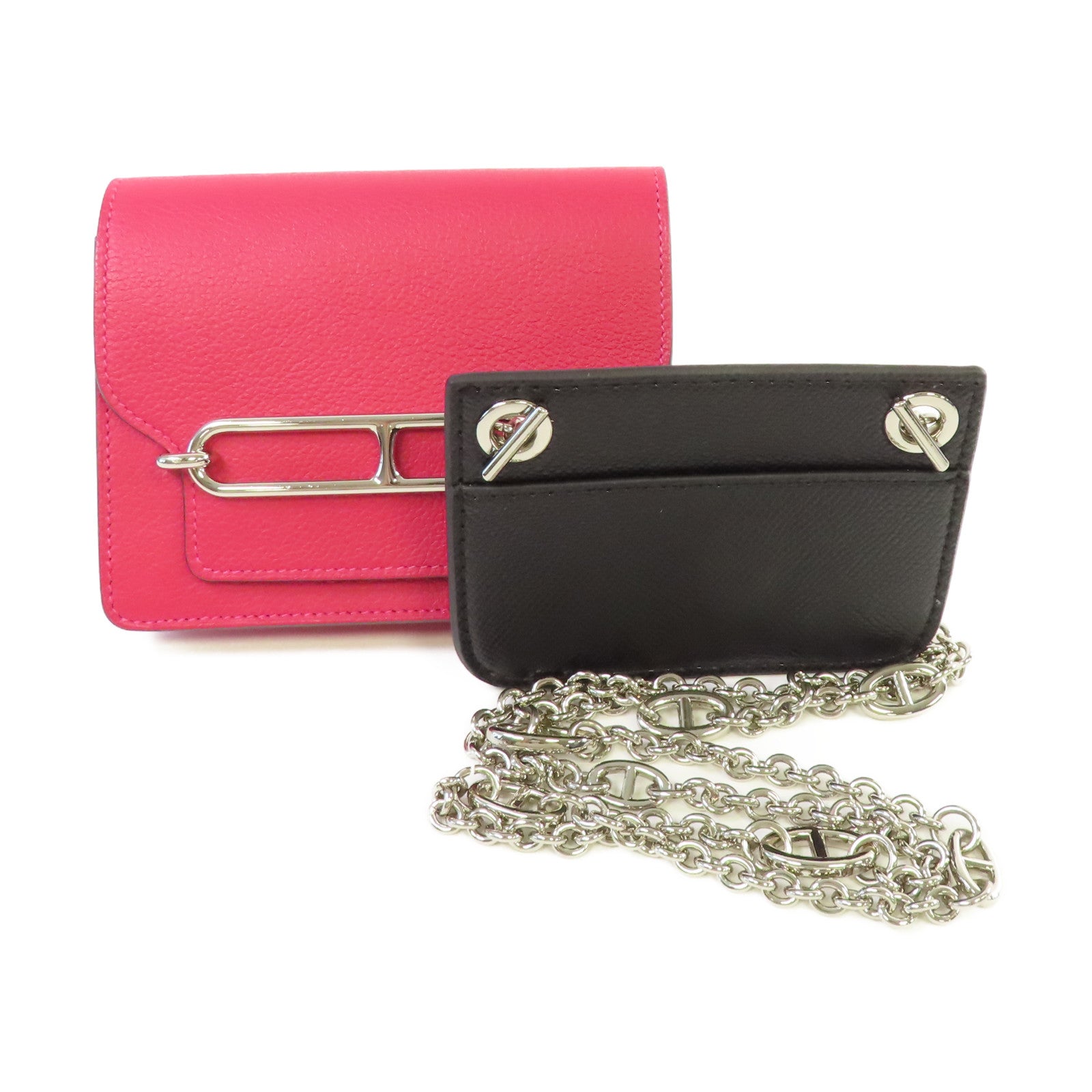 HERMES Evercolor皮革Roulis Slim Wallet銀扣鏈帶肩背袋Framboise覆盆子紅色