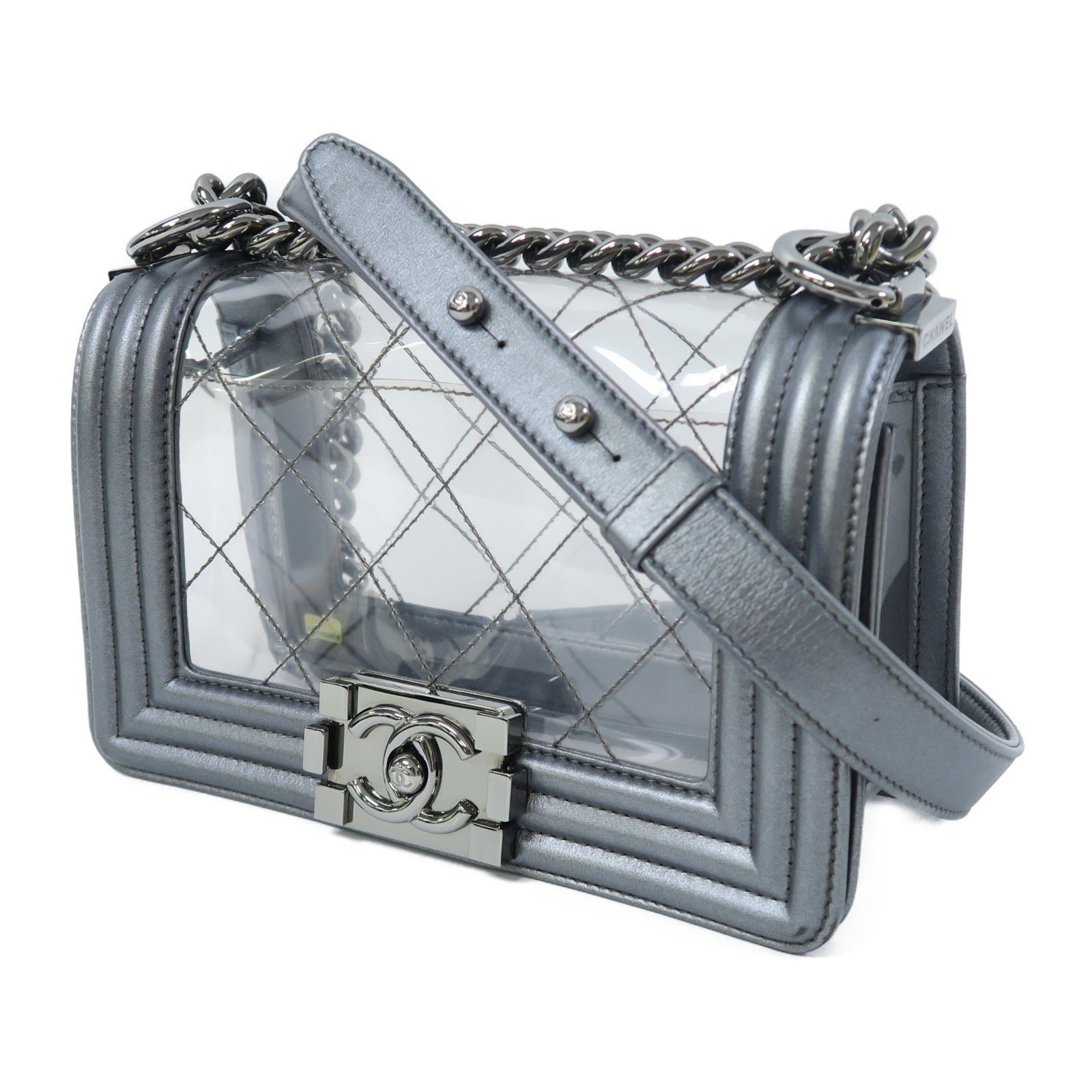 CHANEL PVC Boy Chanel銀扣鏈帶肩背袋灰色/透明