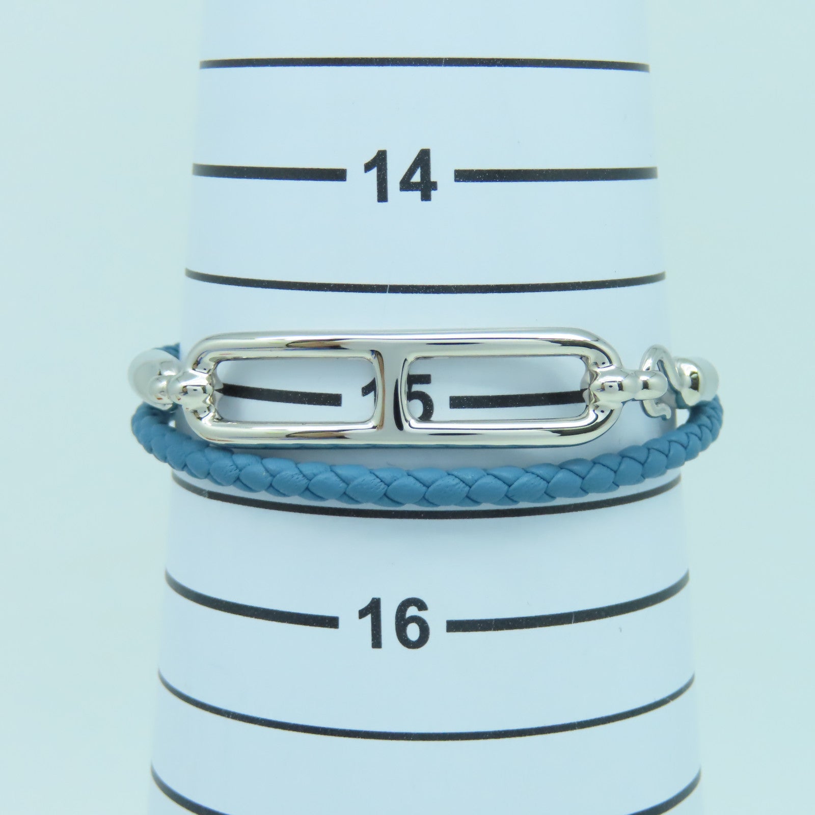 HERMES Veau Swift皮革/金屬Roulis Double Tour手鐲藍色/銀色#15cm