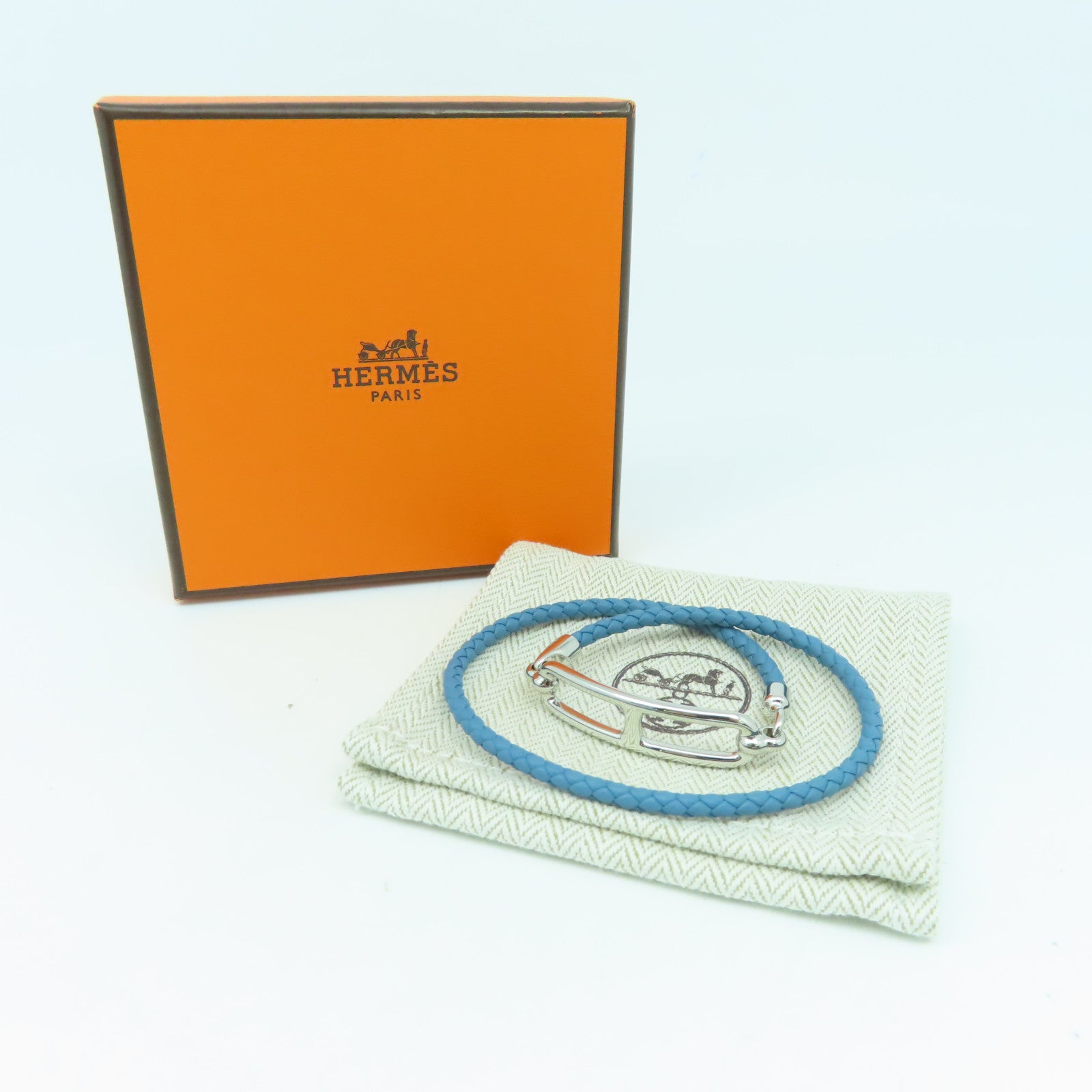 HERMES Veau Swift皮革/金屬Roulis Double Tour手鐲藍色/銀色#15cm