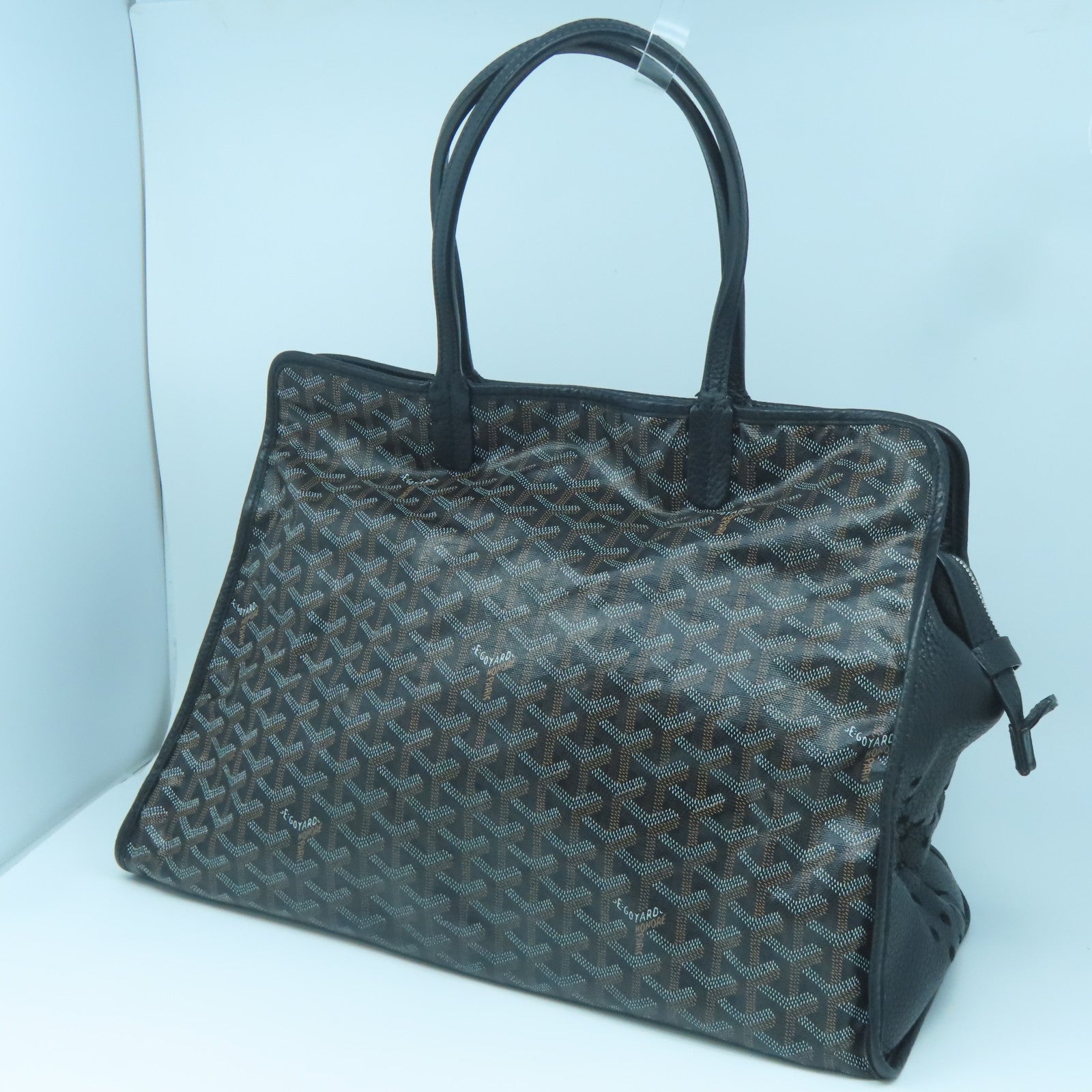 GOYARD Coated Canvas/Craft Leather Handbag Silver Buckle Black/Brown