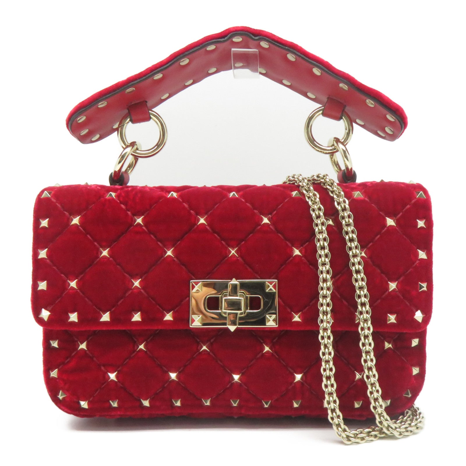Valentino Velvet绒布Chain Bag金扣手挽肩背两用袋红色