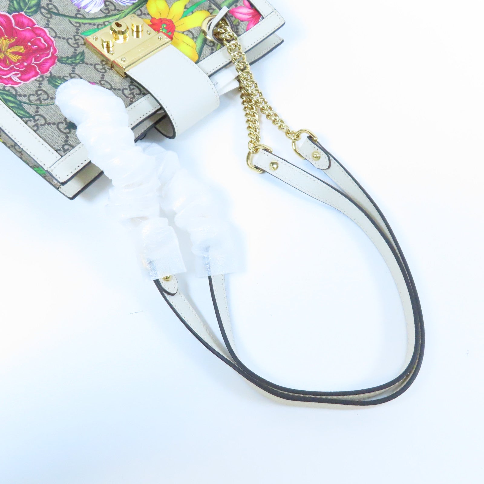 GUCCI 塗層帆布/皮革Padlock Shoulder Bag金扣鏈帶肩背袋啡色/白色