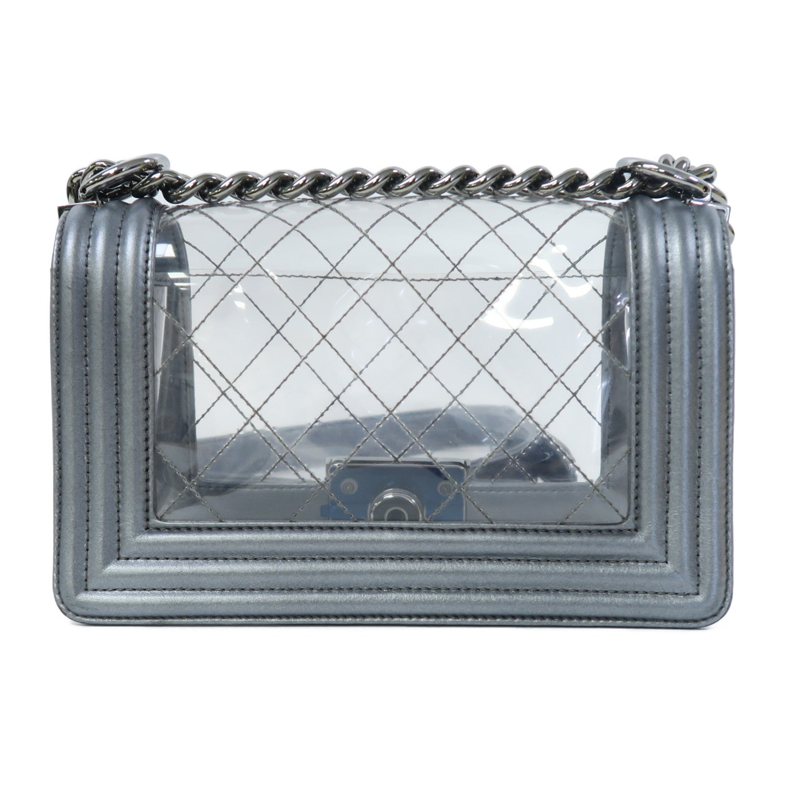 CHANEL PVC Boy Chanel銀扣鏈帶肩背袋灰色/透明