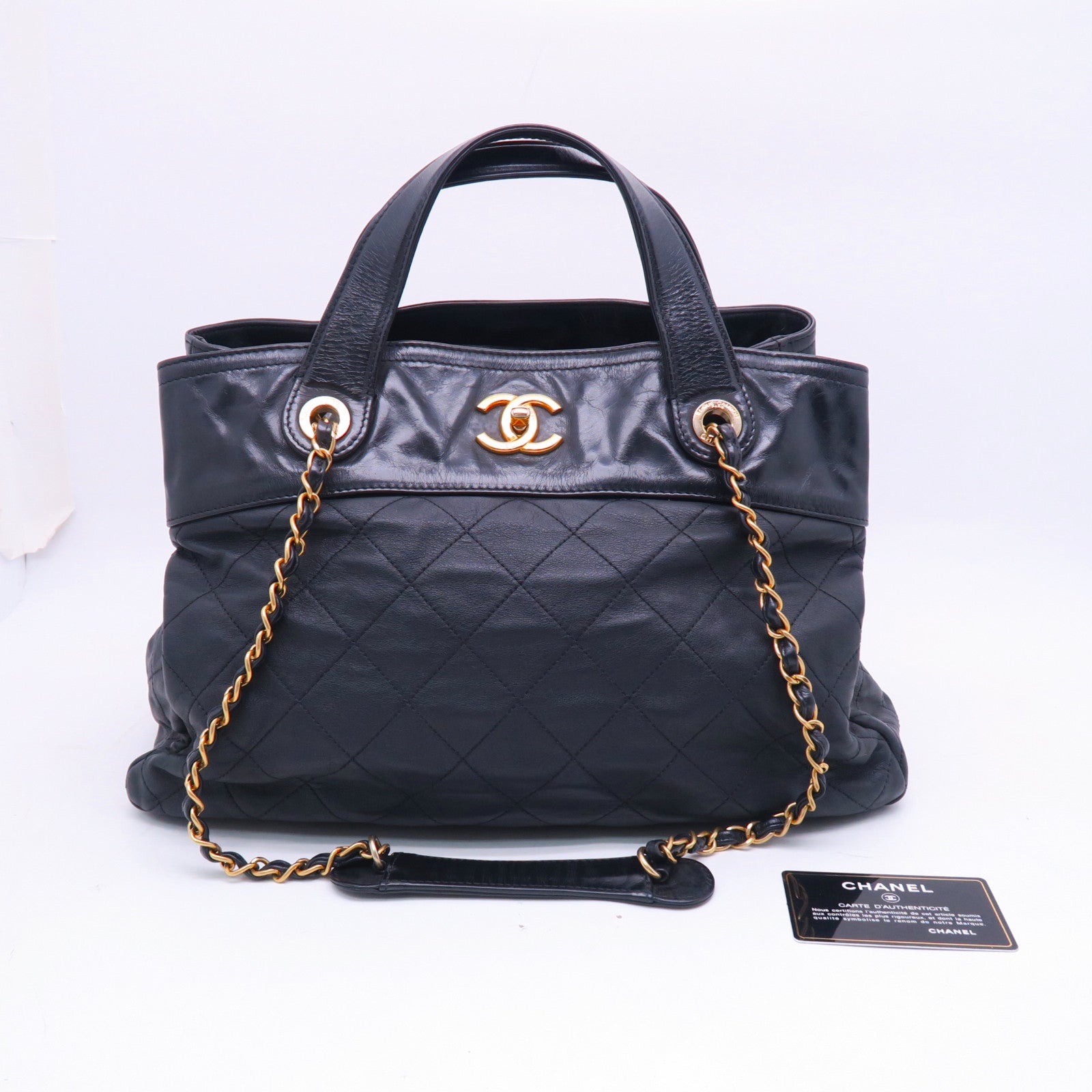 CHANEL 菱格牛皮皮革2way Shoulderbag金扣手挽肩背兩用袋黑色