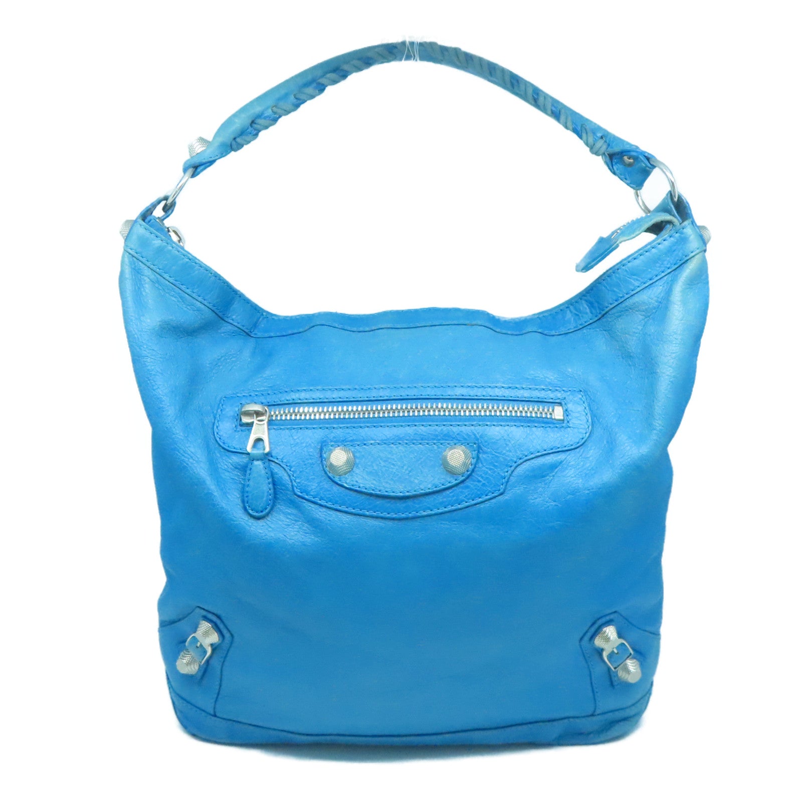 BALENCIAGA 牛皮皮革Giant Bag銀扣肩背袋藍色