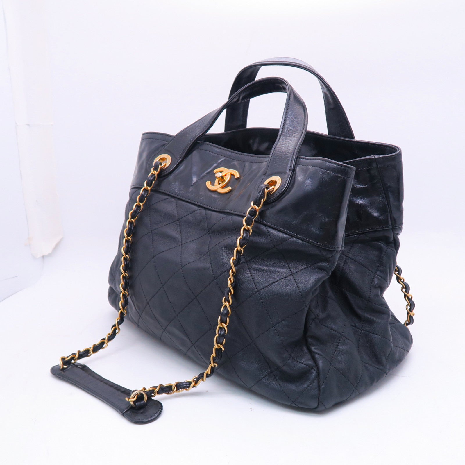 CHANEL 菱格牛皮皮革2way Shoulderbag金扣手挽肩背兩用袋黑色