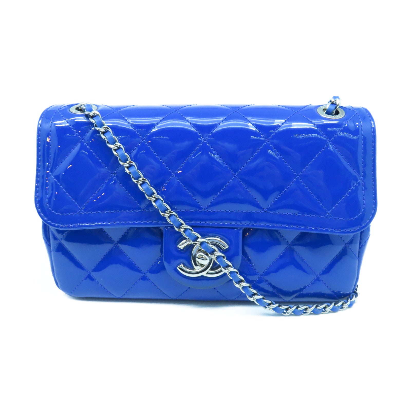 CHANEL 【激減優惠】菱格漆皮皮革Chain Shoulder銀扣鏈帶肩背袋藍色