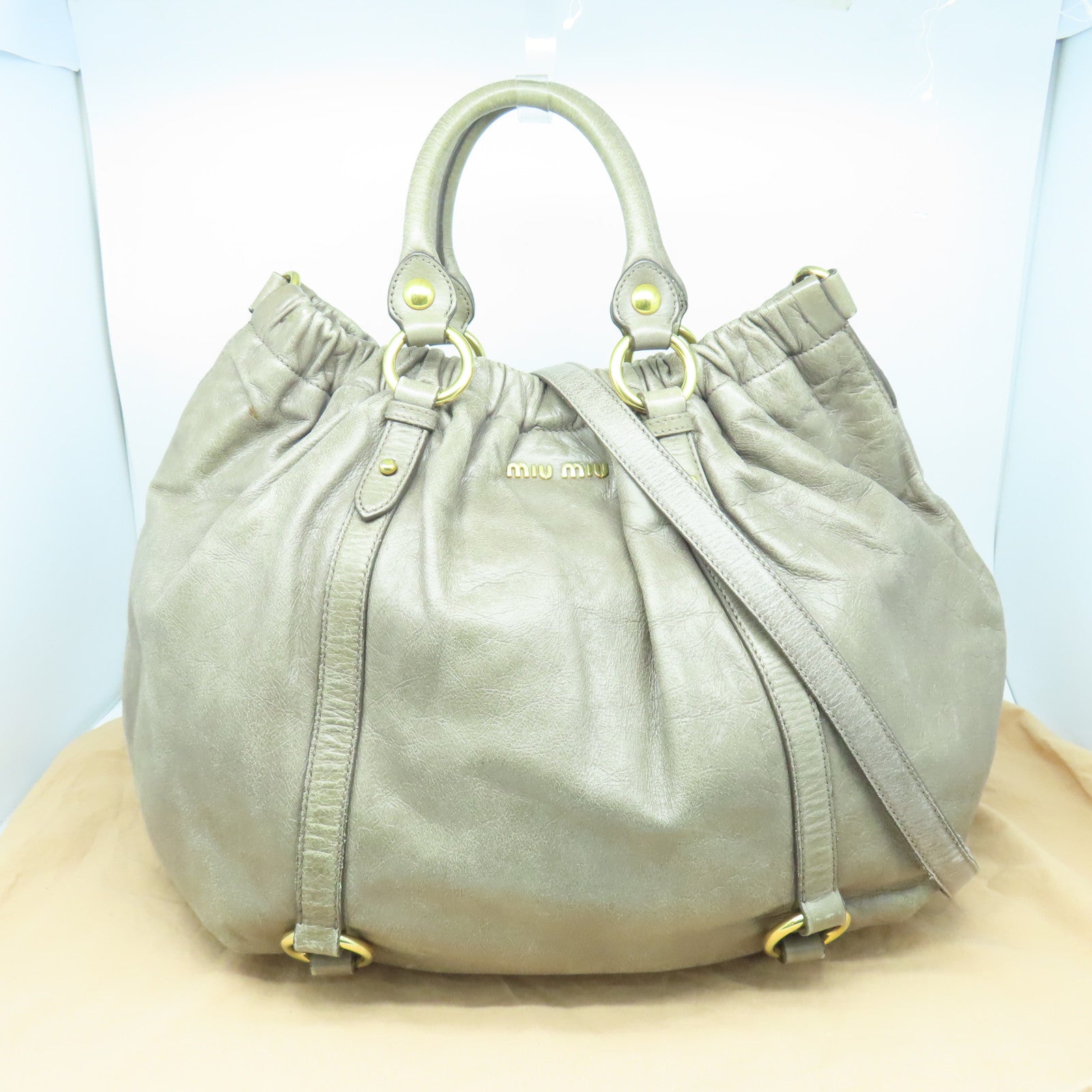 Miu Miu Cowhide Leather 2Way Shoulder Bag Gold Buckle Handle Shoulder Bag Gray