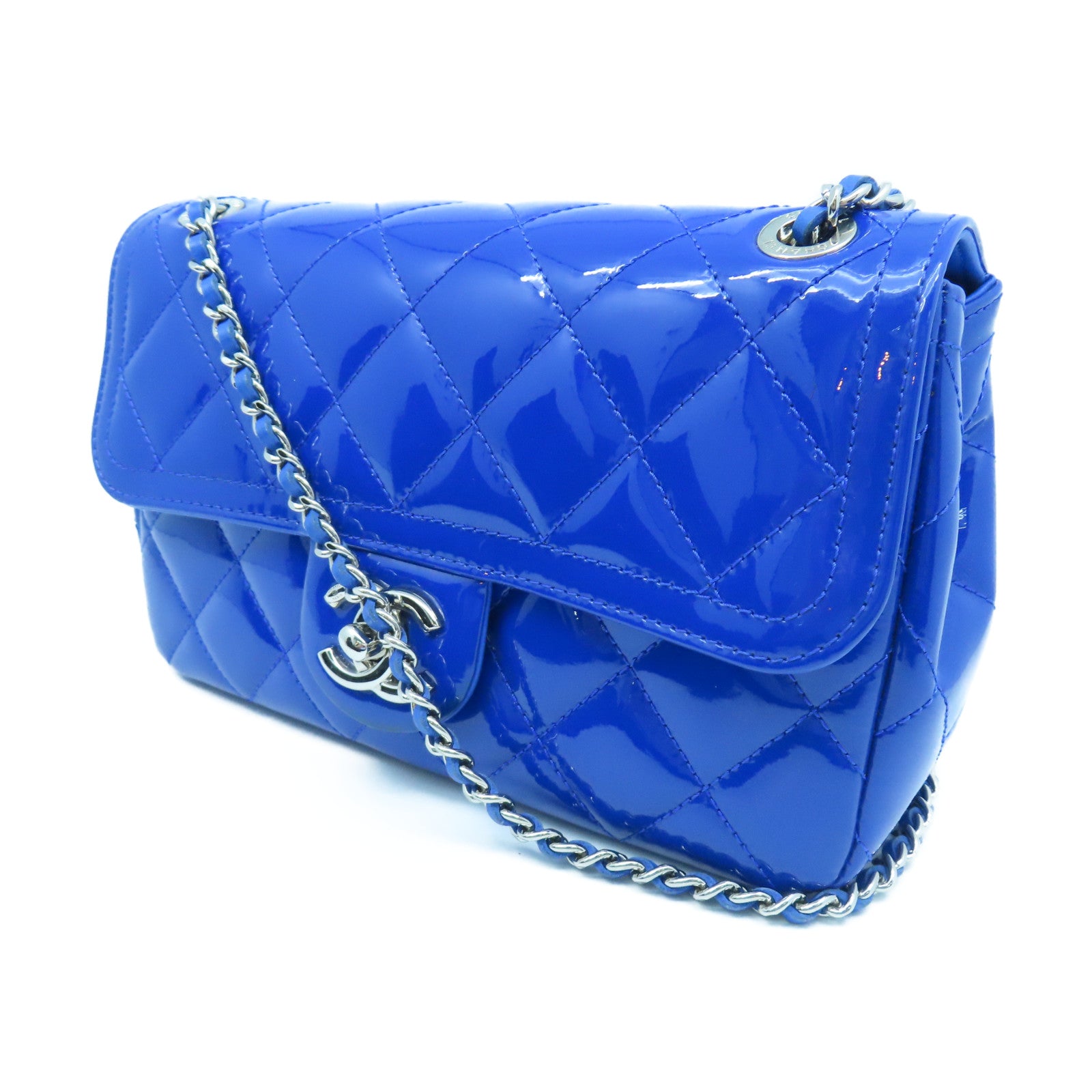 CHANEL 【激減優惠】菱格漆皮皮革Chain Shoulder銀扣鏈帶肩背袋藍色