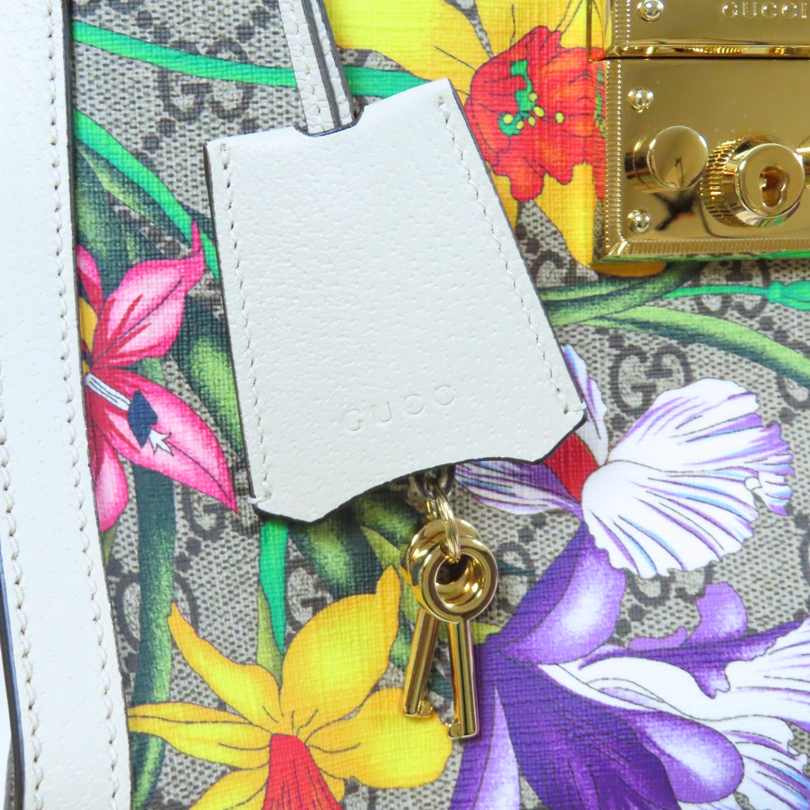 GUCCI 塗層帆布/皮革Padlock Shoulder Bag金扣鏈帶肩背袋啡色/白色