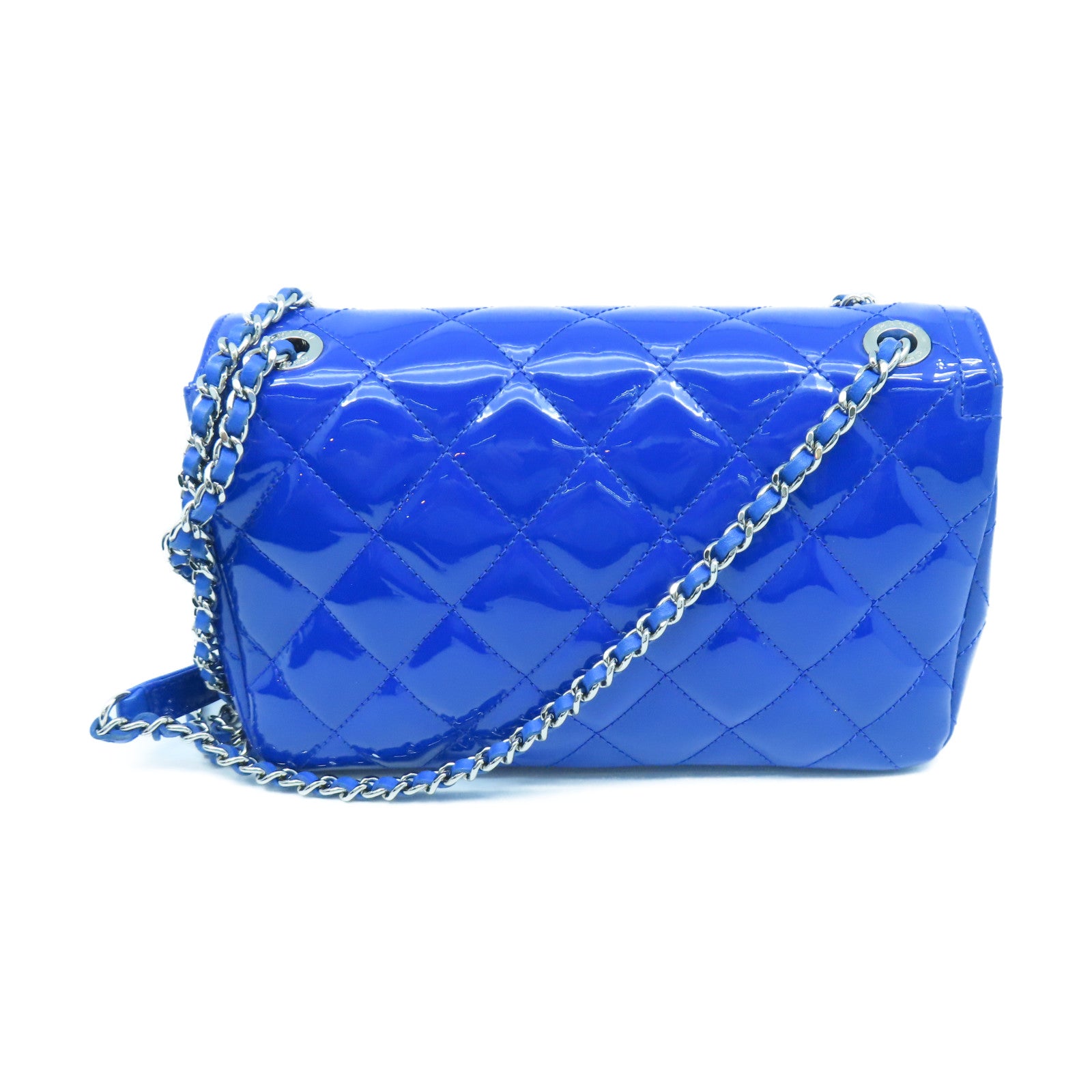 CHANEL 【激減優惠】菱格漆皮皮革Chain Shoulder銀扣鏈帶肩背袋藍色