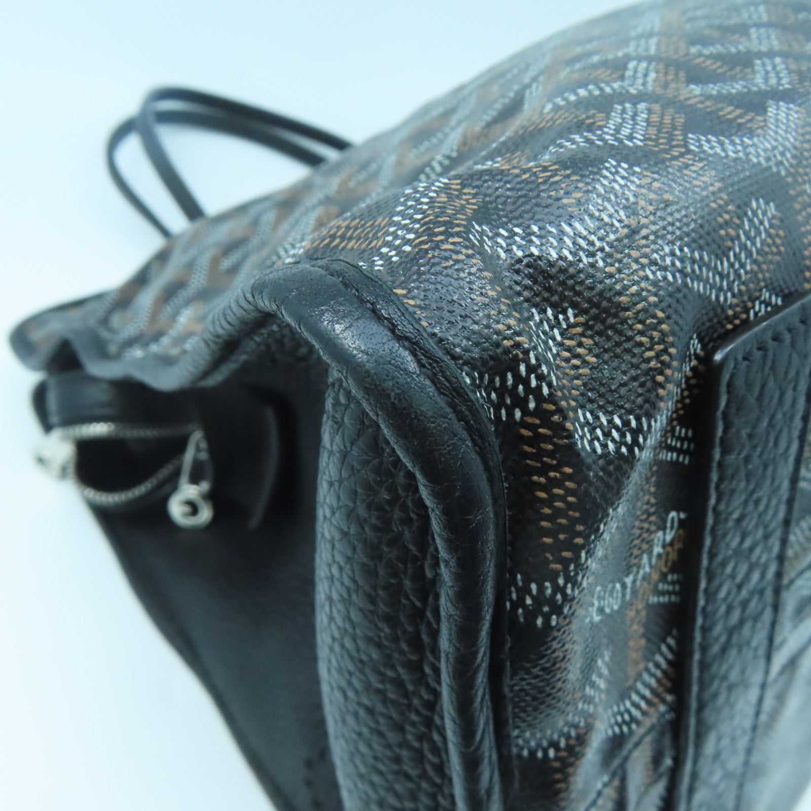 GOYARD Coated Canvas/Craft Leather Handbag Silver Buckle Black/Brown