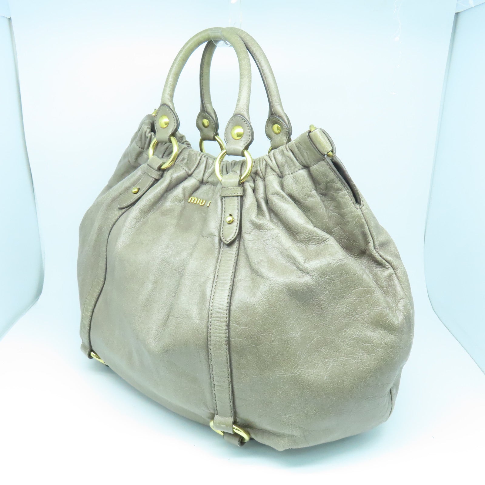 Miu Miu Cowhide Leather 2Way Shoulder Bag Gold Buckle Handle Shoulder Bag Gray