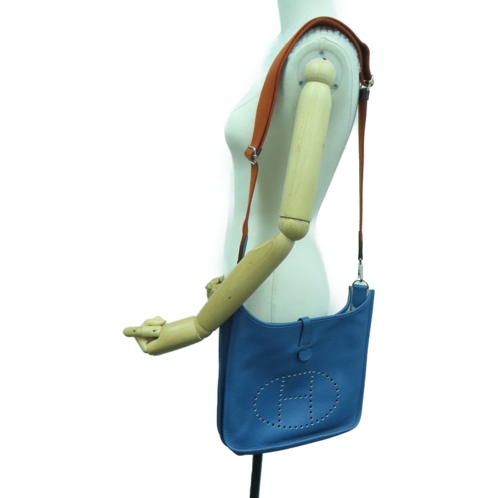 HERMES Clemence皮革Evelyne PM银扣肩背袋Blue Agate/蓝色