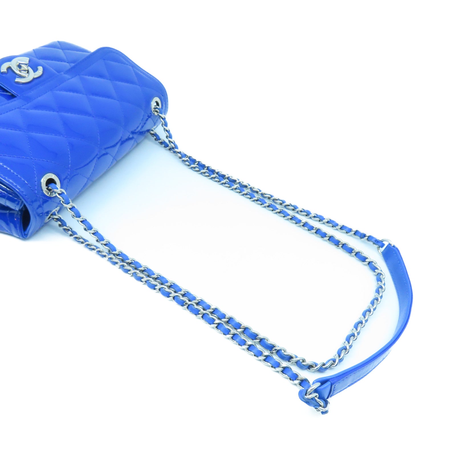 CHANEL 【激減優惠】菱格漆皮皮革Chain Shoulder銀扣鏈帶肩背袋藍色