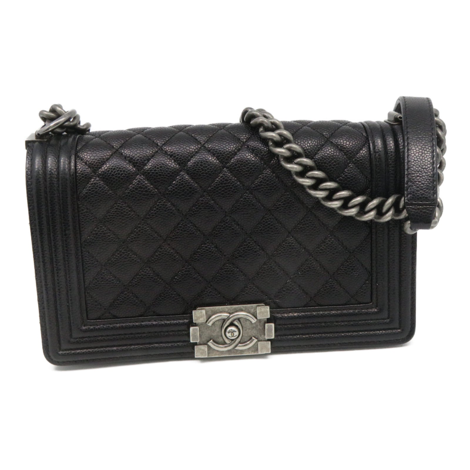 CHANEL 菱格牛皮皮革Chain Shoulder銀扣鏈帶肩背袋黑色