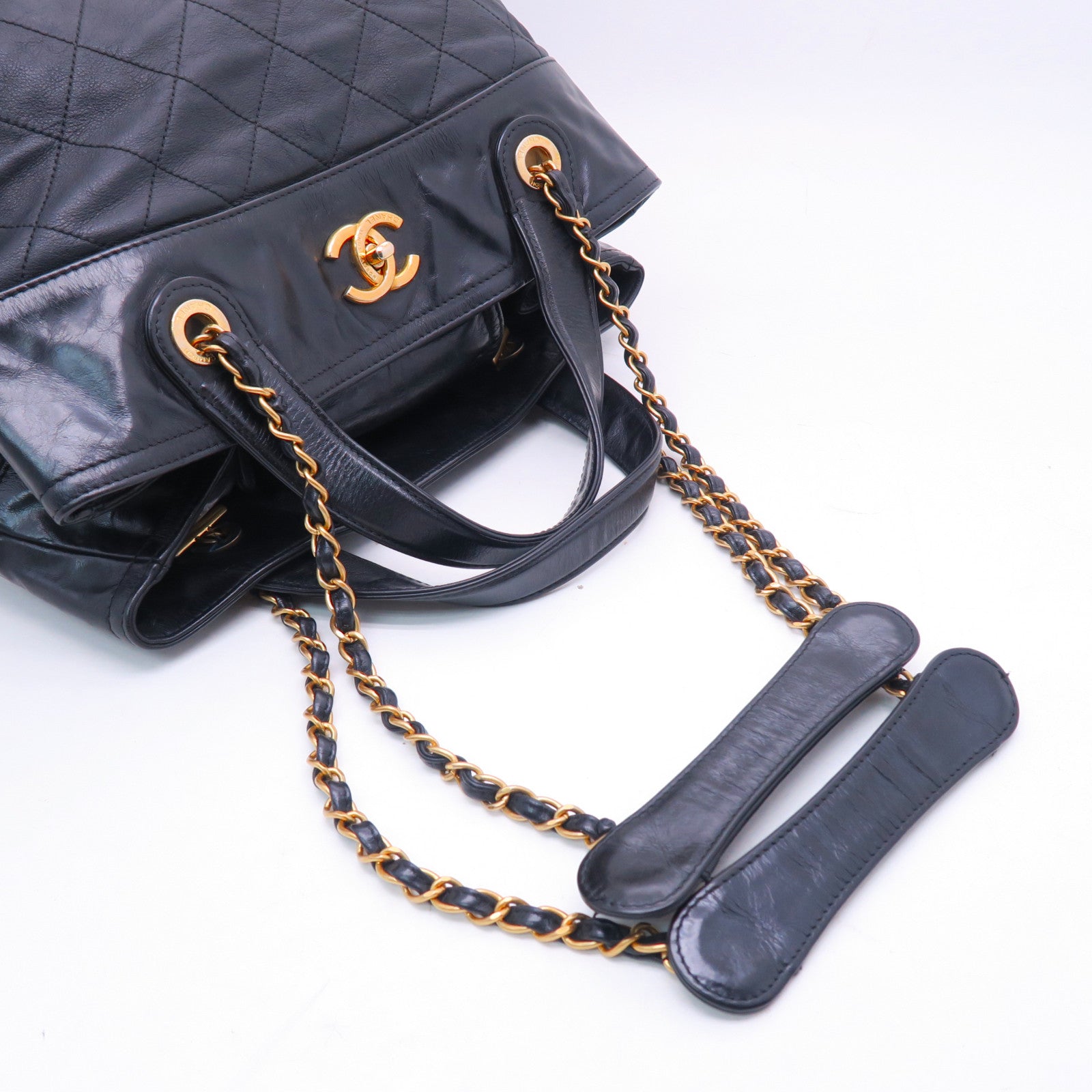 CHANEL 菱格牛皮皮革2way Shoulderbag金扣手挽肩背兩用袋黑色