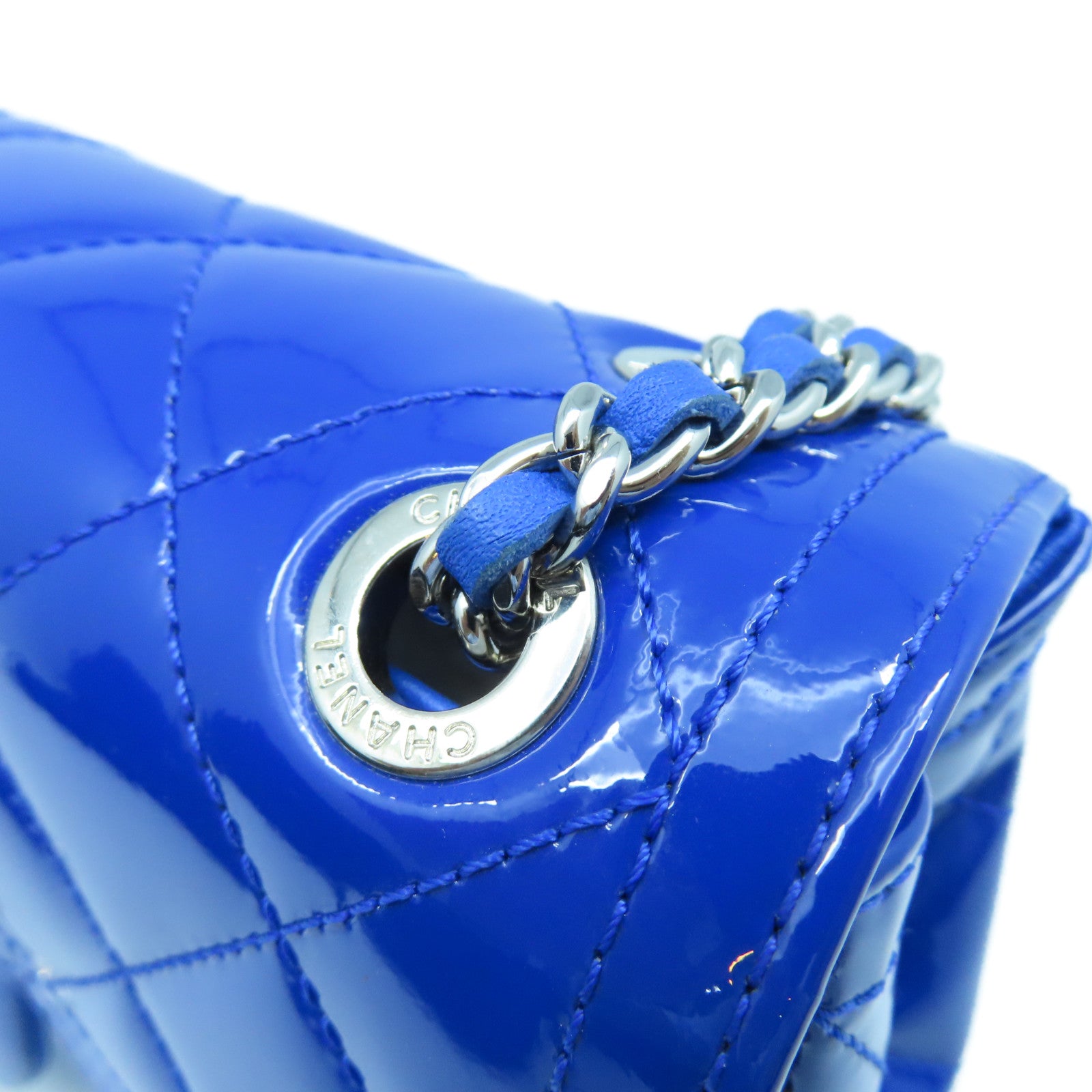 CHANEL 【激減優惠】菱格漆皮皮革Chain Shoulder銀扣鏈帶肩背袋藍色
