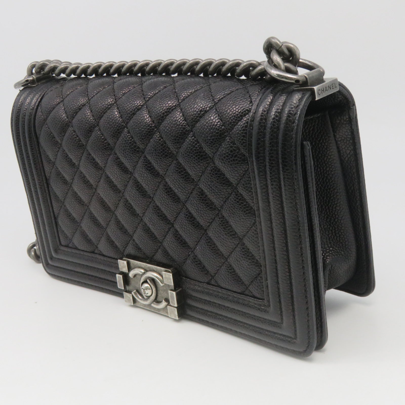 CHANEL 菱格牛皮皮革Chain Shoulder銀扣鏈帶肩背袋黑色