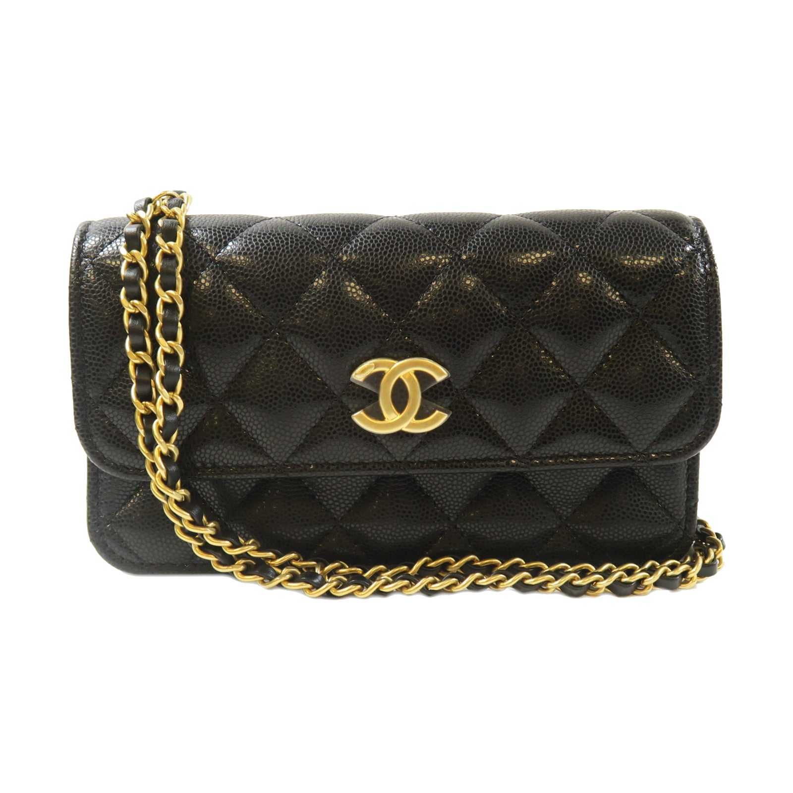 CHANEL 菱格牛皮皮革Chain Shoulder金扣鏈帶肩背袋黑色
