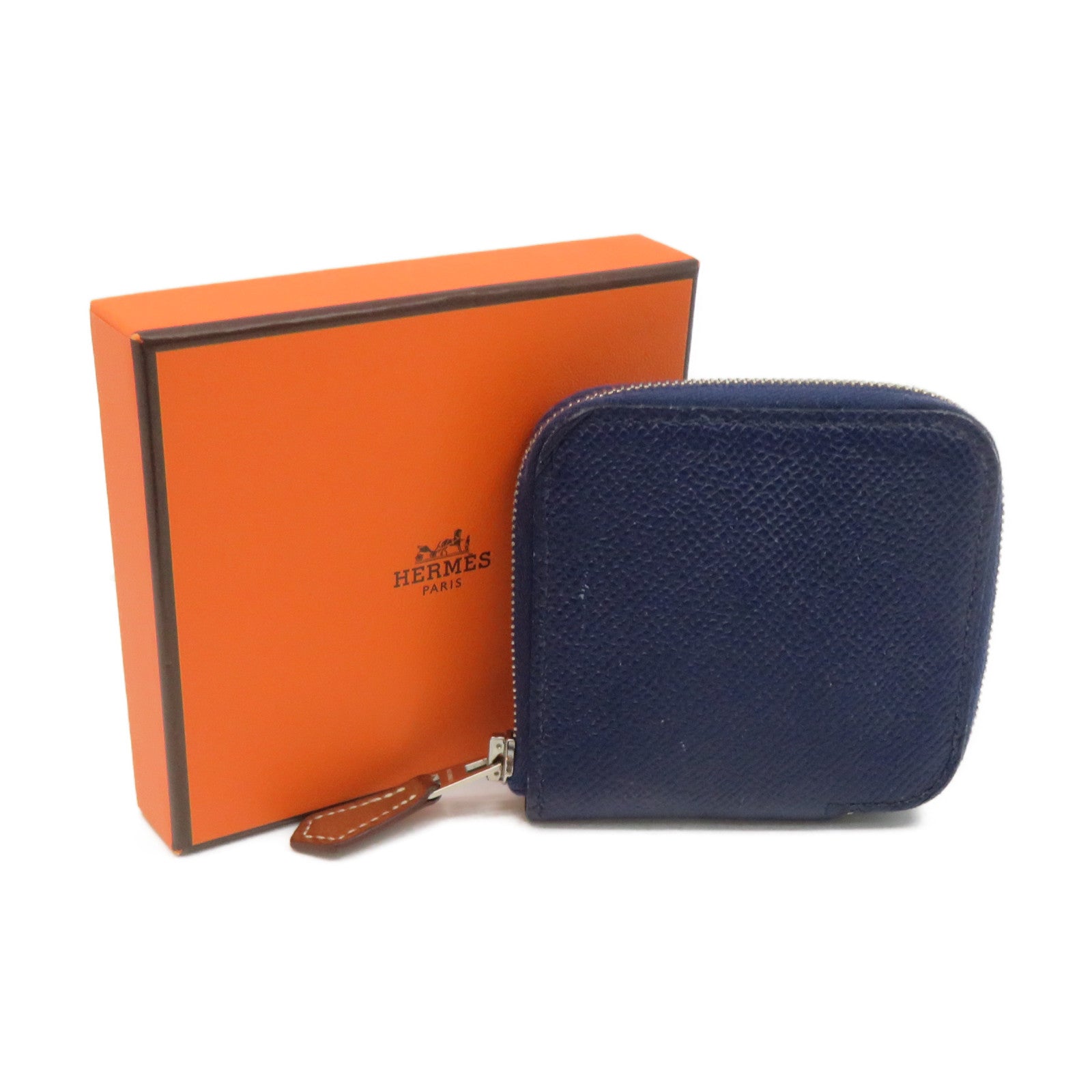 HERMES Epsom皮革Silk in Compact Coin Case銀扣拉鏈短零錢包Bleu Saphir藍色