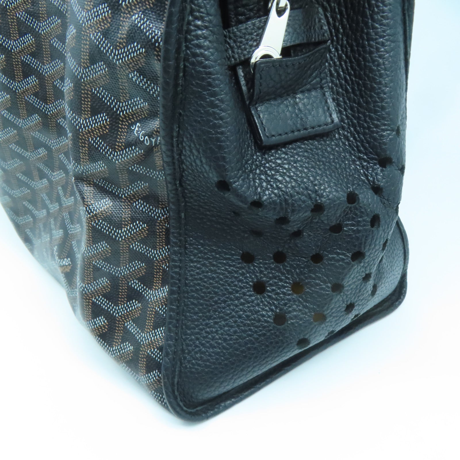 GOYARD Coated Canvas/Craft Leather Handbag Silver Buckle Black/Brown