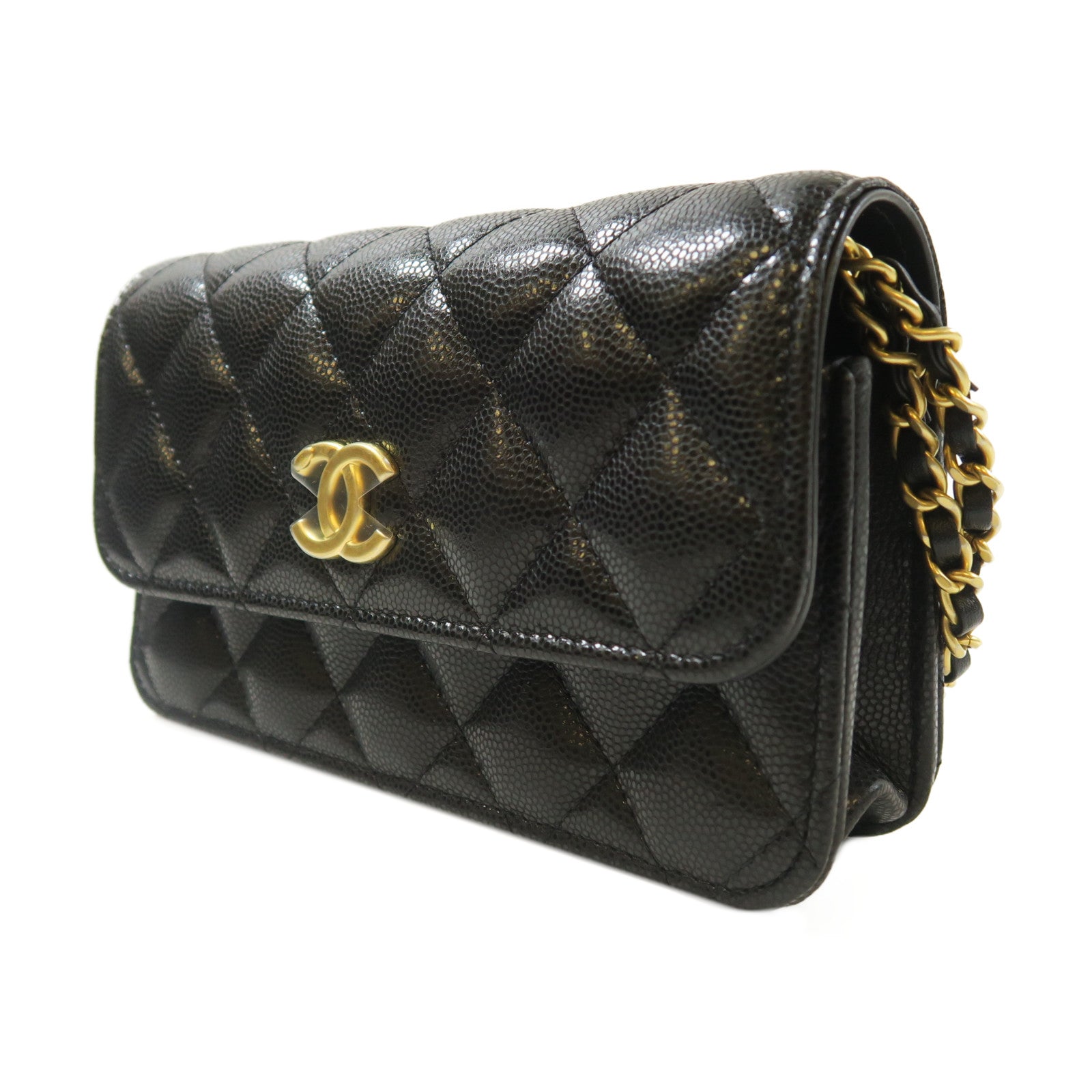 CHANEL 菱格牛皮皮革Chain Shoulder金扣鏈帶肩背袋黑色