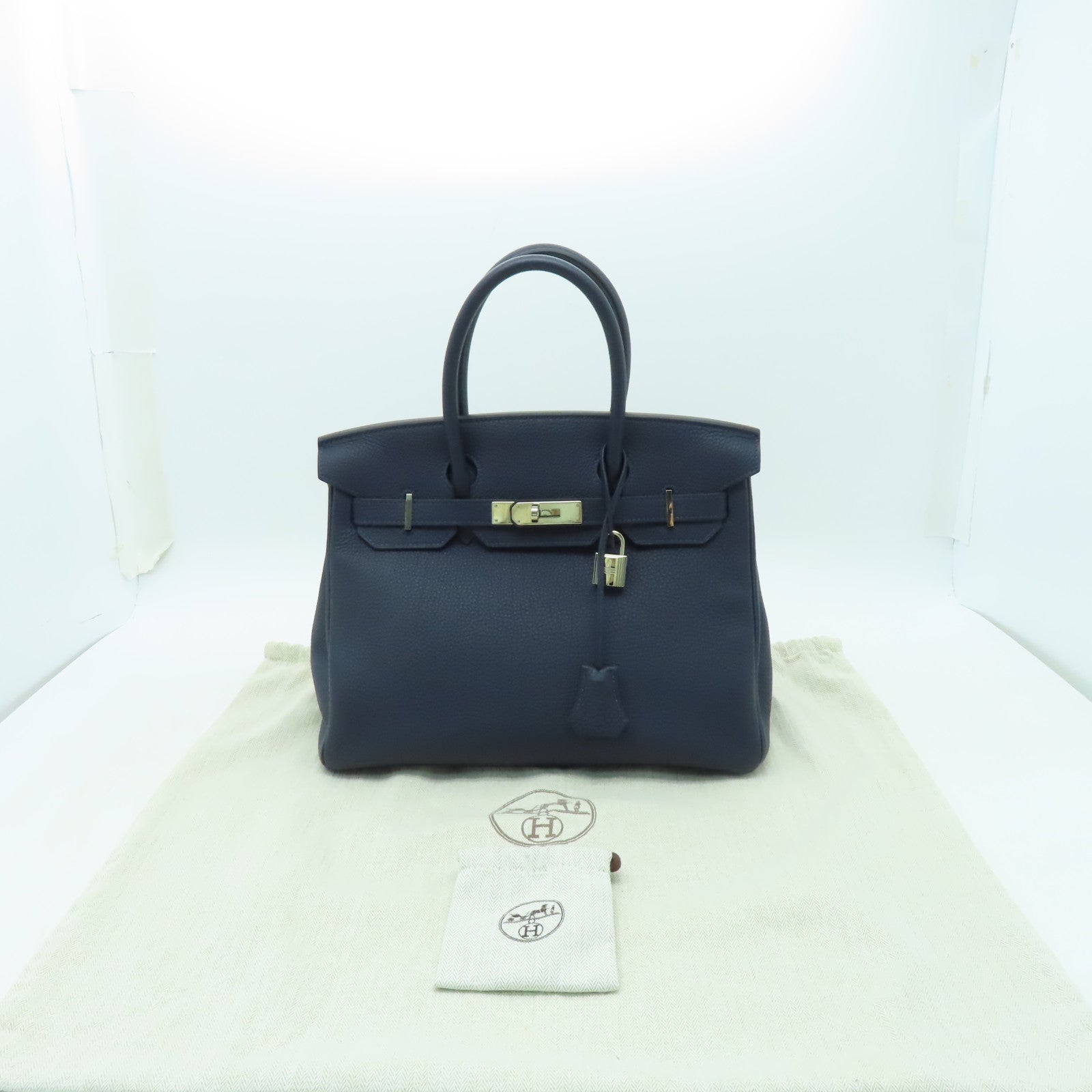 HERMES Togo皮革Birkin 30銀扣手挽袋午夜藍色/橙色