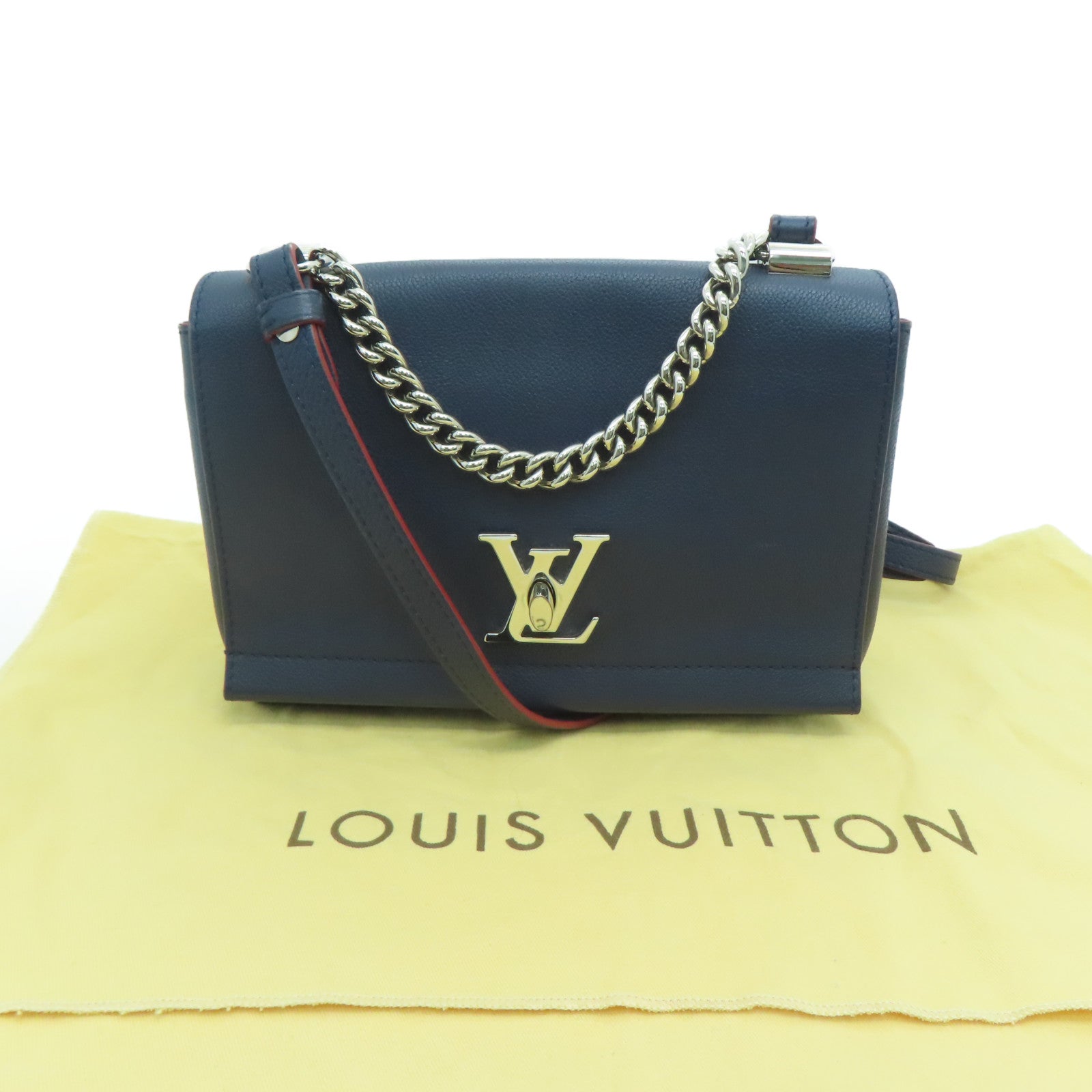 LOUIS VUITTON 牛皮皮革Lockme II BB銀扣鏈條手挽肩背兩用袋Marine Rouge藍色/紅色