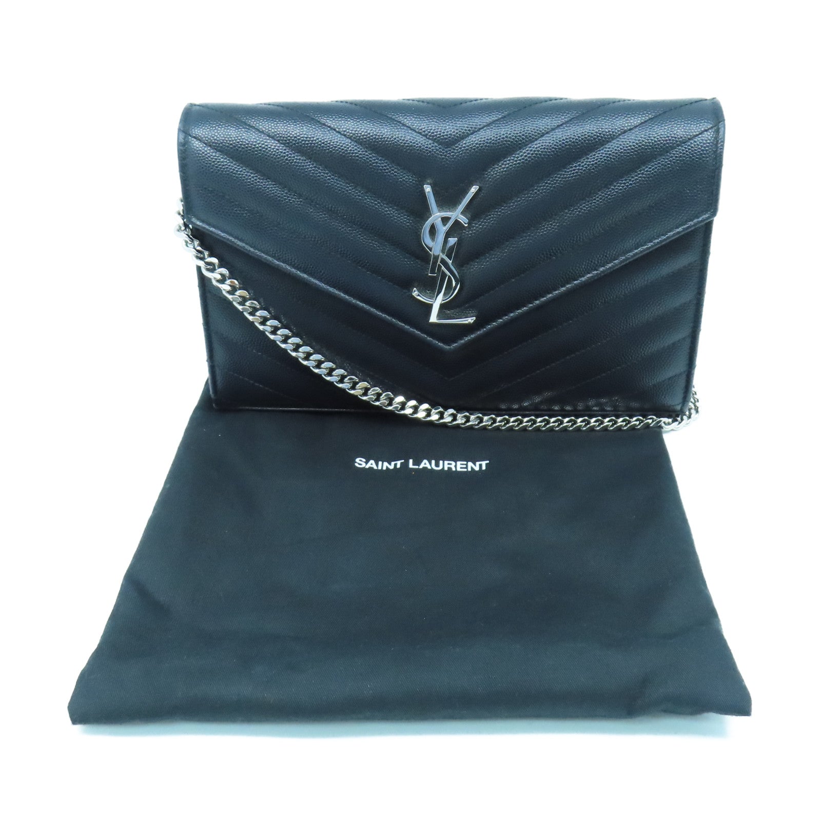 YVES SAINT LAURENT 斜紋牛皮皮革Shoulder Bag銀扣鏈帶肩背袋黑色
