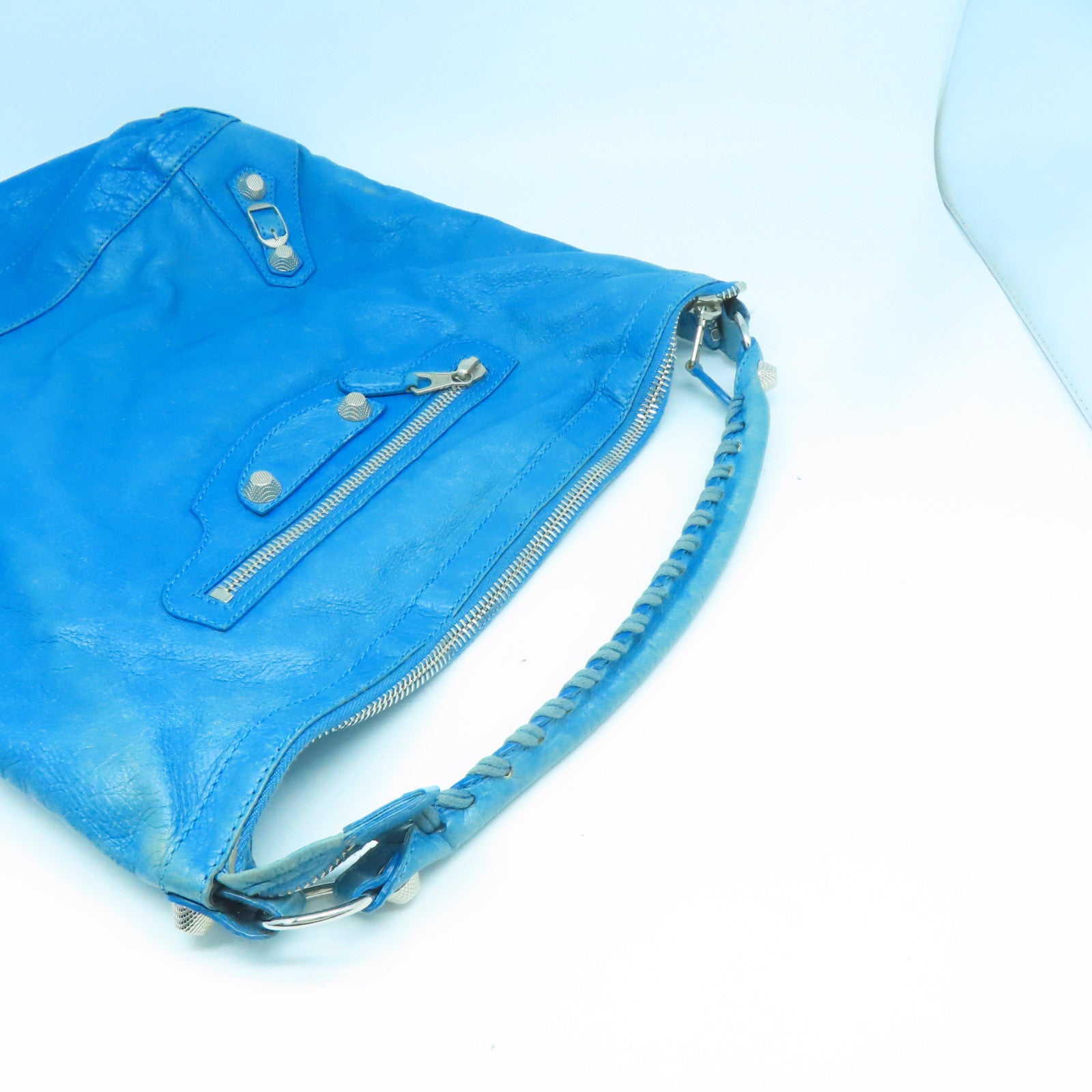 BALENCIAGA 牛皮皮革Giant Bag銀扣肩背袋藍色