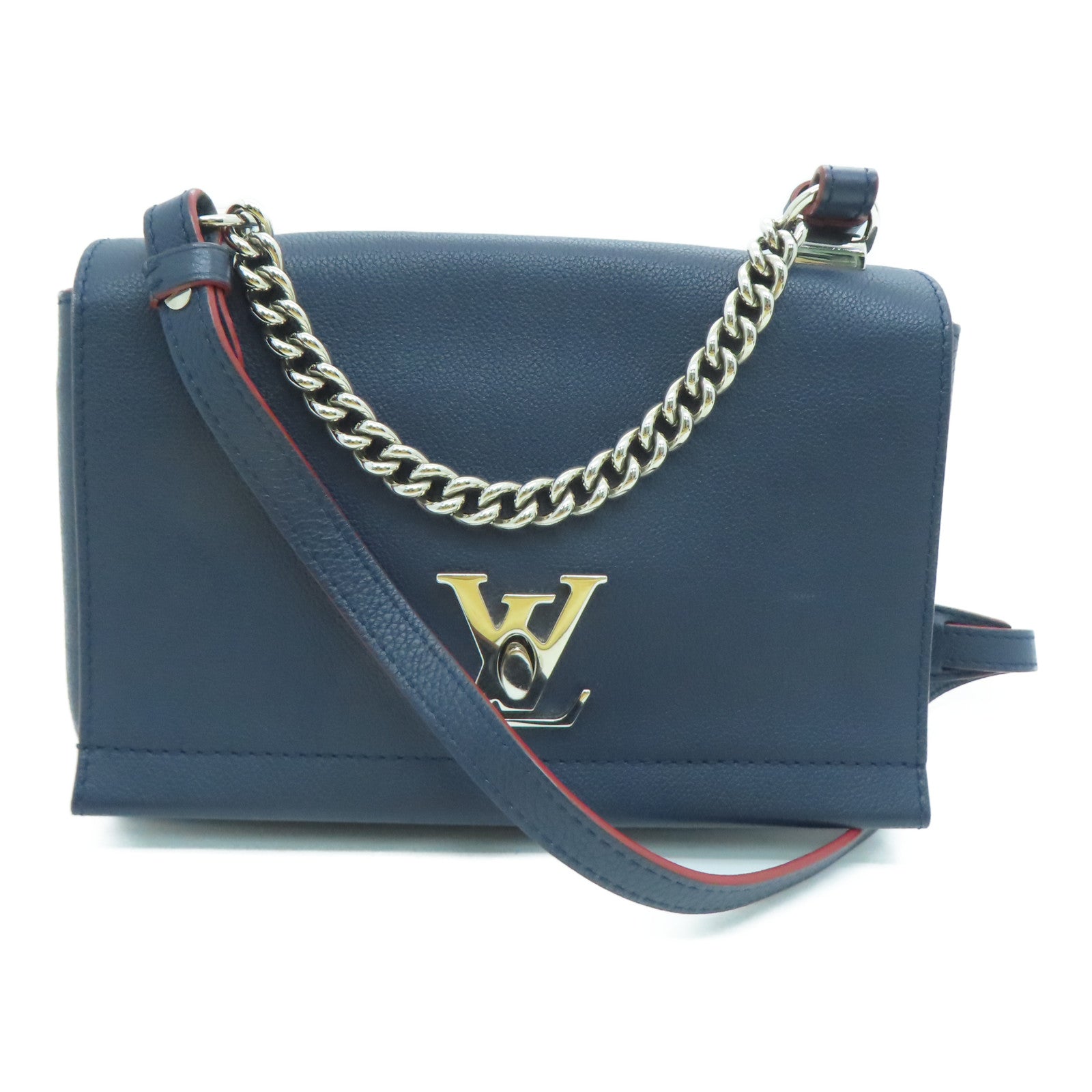 LOUIS VUITTON 牛皮皮革Lockme II BB銀扣鏈條手挽肩背兩用袋Marine Rouge藍色/紅色