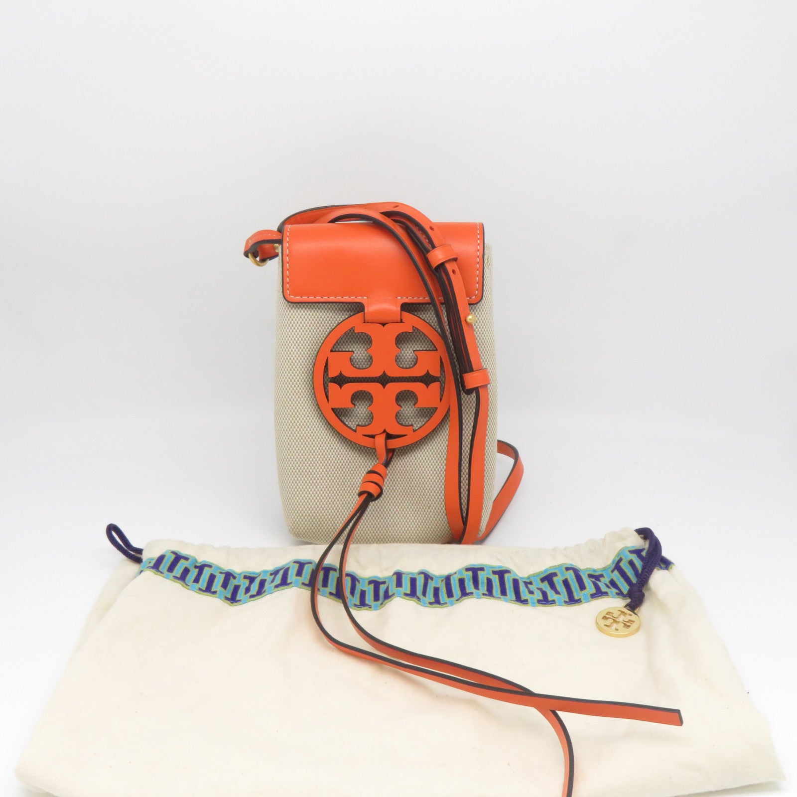 Tory Burch 帆布/皮革Shoulder Bag金扣肩背袋米色/橙色