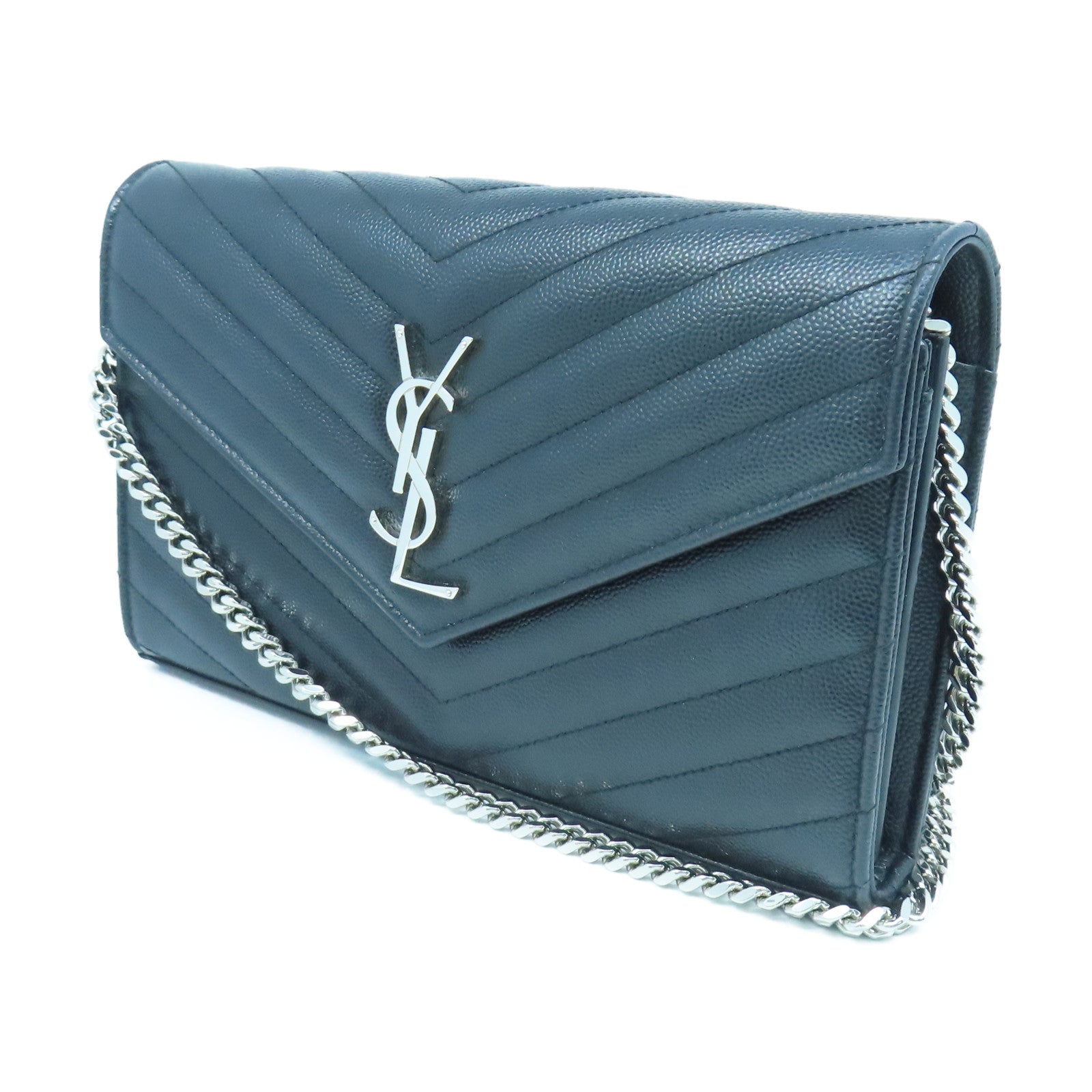 YVES SAINT LAURENT 斜紋牛皮皮革Shoulder Bag銀扣鏈帶肩背袋黑色