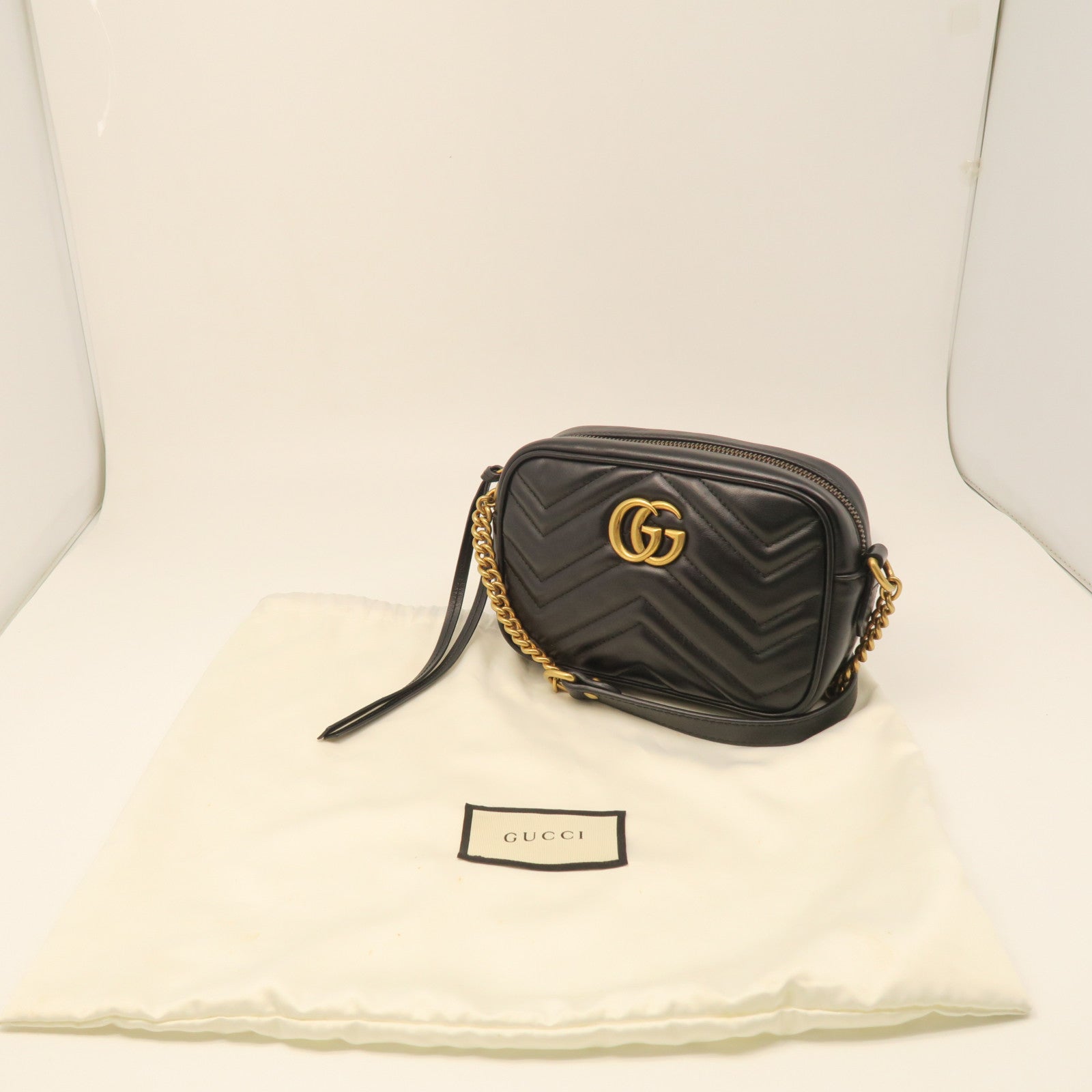GUCCI cowhide leather GG MARMONT gold buckle shoulder bag black